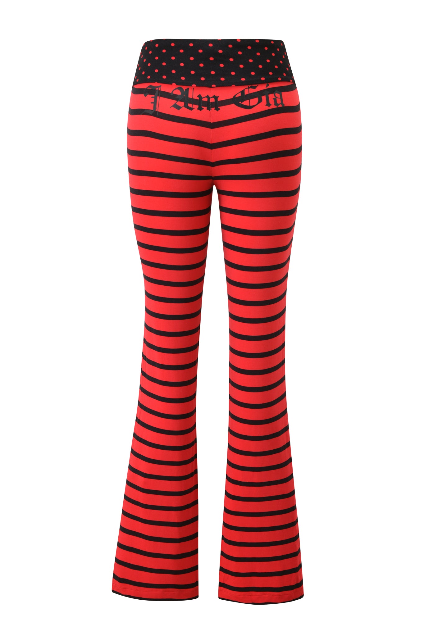 The BLARE FOLDOVER TRACKPANT - RED AND BLACK STRIPE by I.AM.GIA features a flared leg and black foldover waistband with red polka dots and bold black lettering.