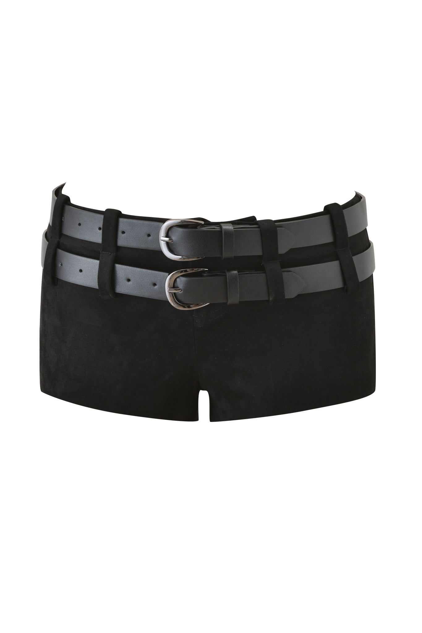 The GEORGIA BELTED SHORT in black by I.AM.GIA features a high-waisted, faux suede design with two detachable vegan leather belts adorned with silver buckles for added style.