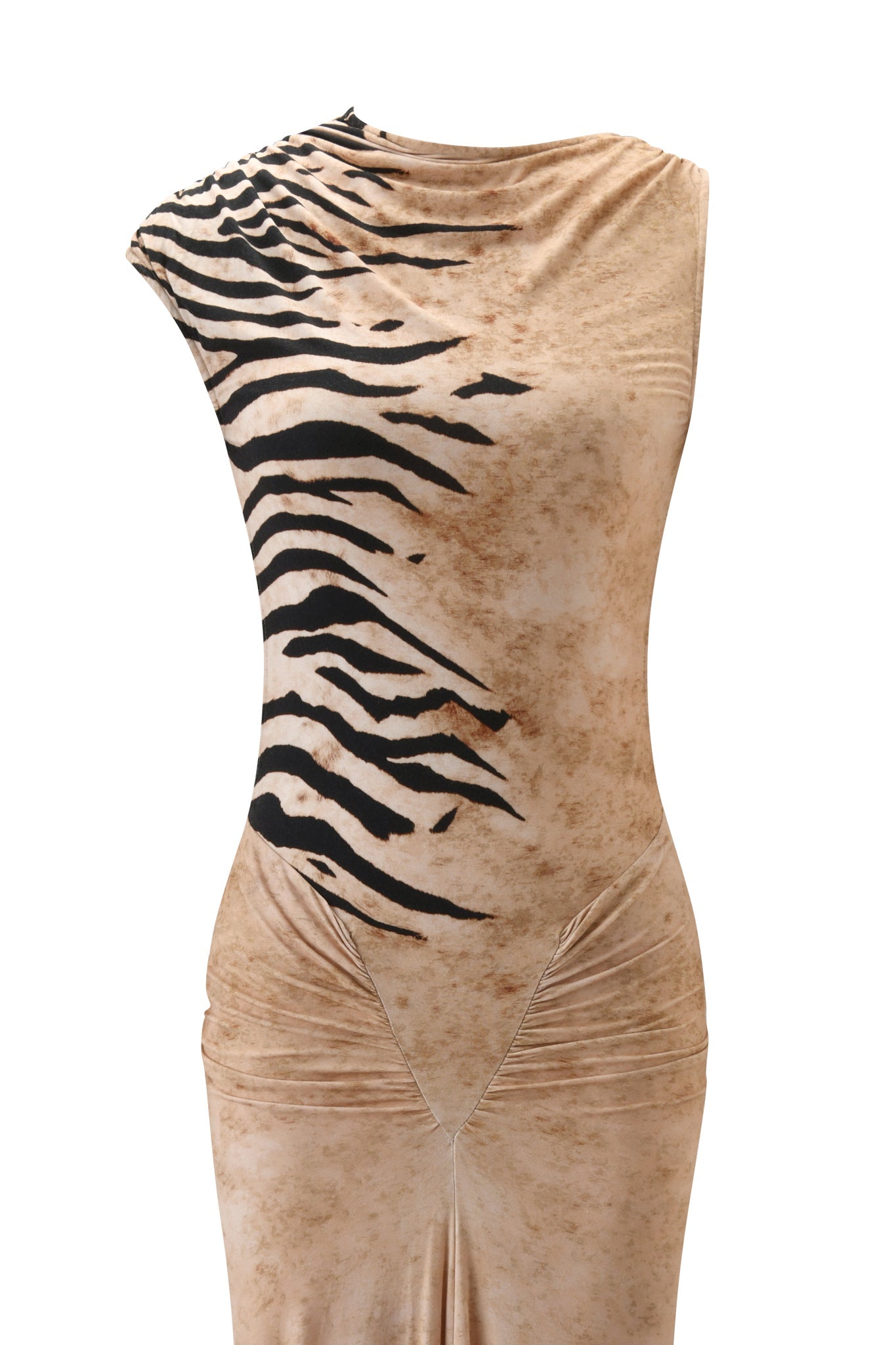 The ELIANA MAXI DRESS - WILD SIDE by I.AM.GIA is a sleeveless, beige maxi dress with a single-shoulder design, bold tiger stripe print across the upper bodice, and ruched hip detailing.