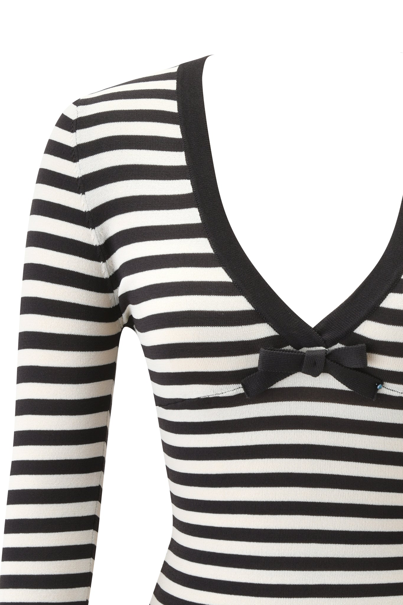 Close-up of the I.AM.GIA ZINNIA TOP in black and cream, featuring stripes, long sleeves, a deep V-neckline with black trim, and a small black bow at the center.