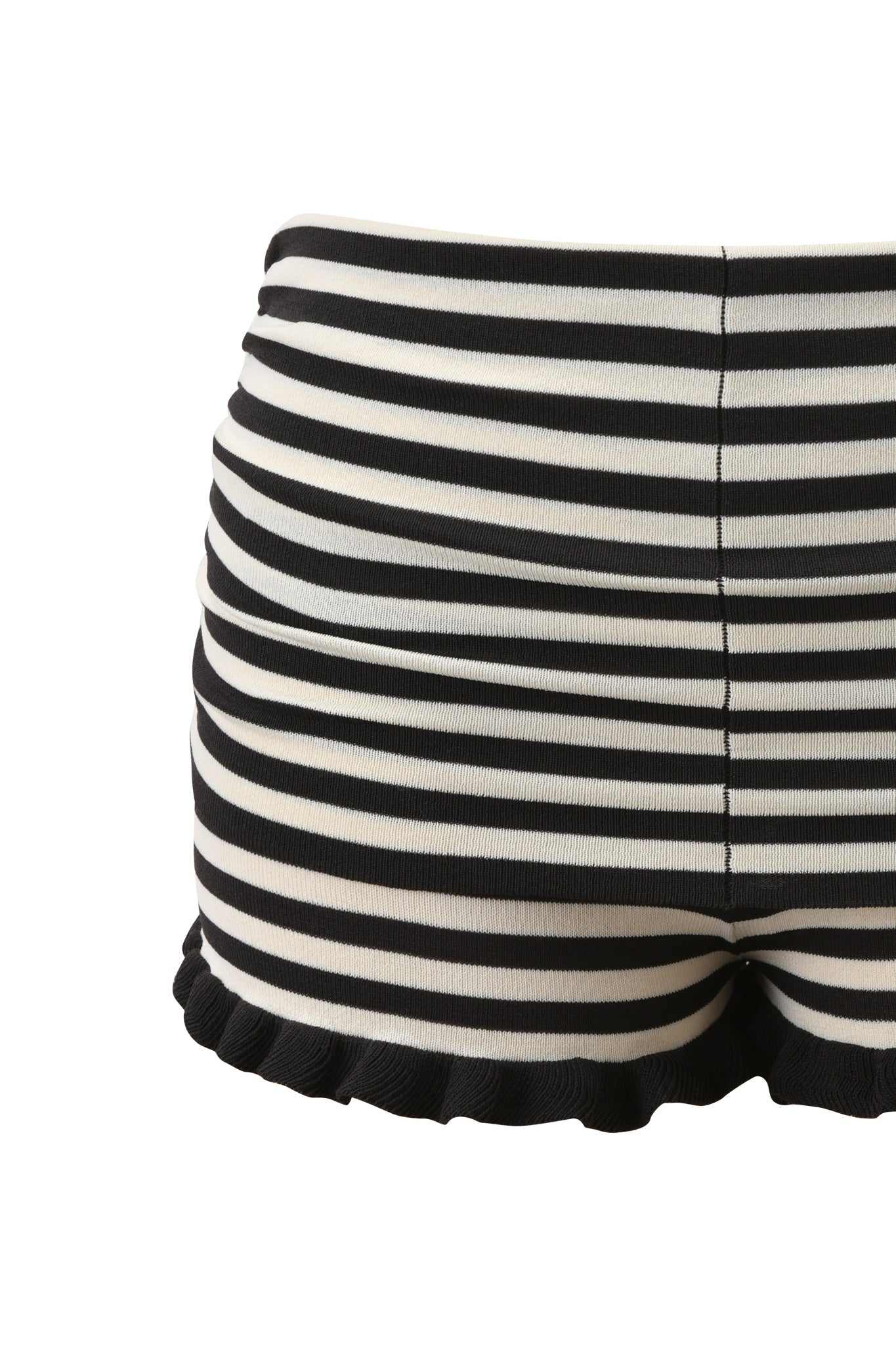 The ZINNIA SHORT by I.AM.GIA features black and cream stripes, a ruched waistband, and a ruffled hem, shown from the front against a white background.