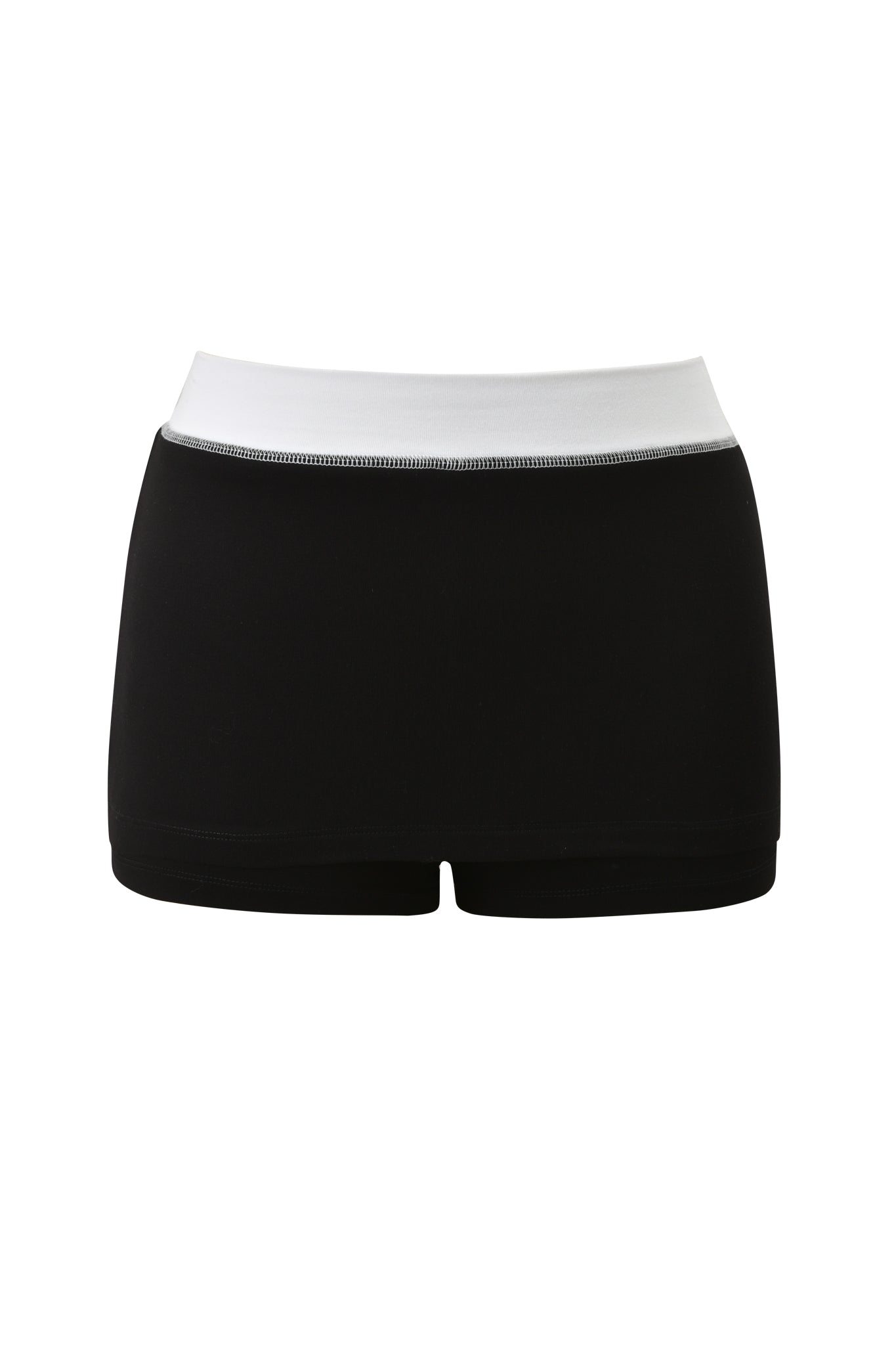 The I.AM.GIA BLARE MICRO SKORT - BLACK AND WHITE features a mid-rise fit, wide contrasting white waistband, and buttery-soft viscose fabric. Simple and fitted, it's designed for active wear and shown on a plain white background.