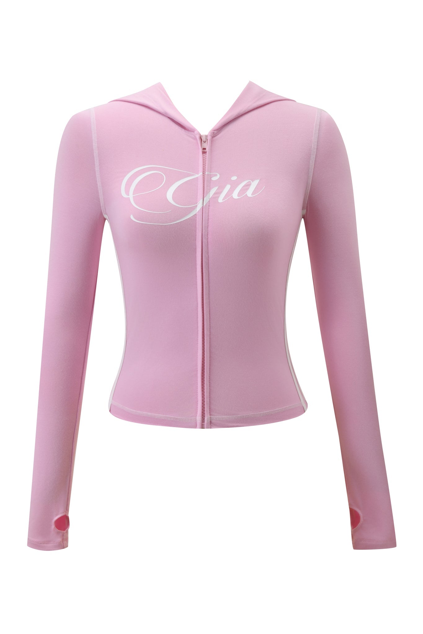 The BLARE PIPING HOODIE by I.AM.GIA is a baby pink and white, long-sleeve bamboo zip-up hoodie with thumb holes and "Gia" in white script across the chest.