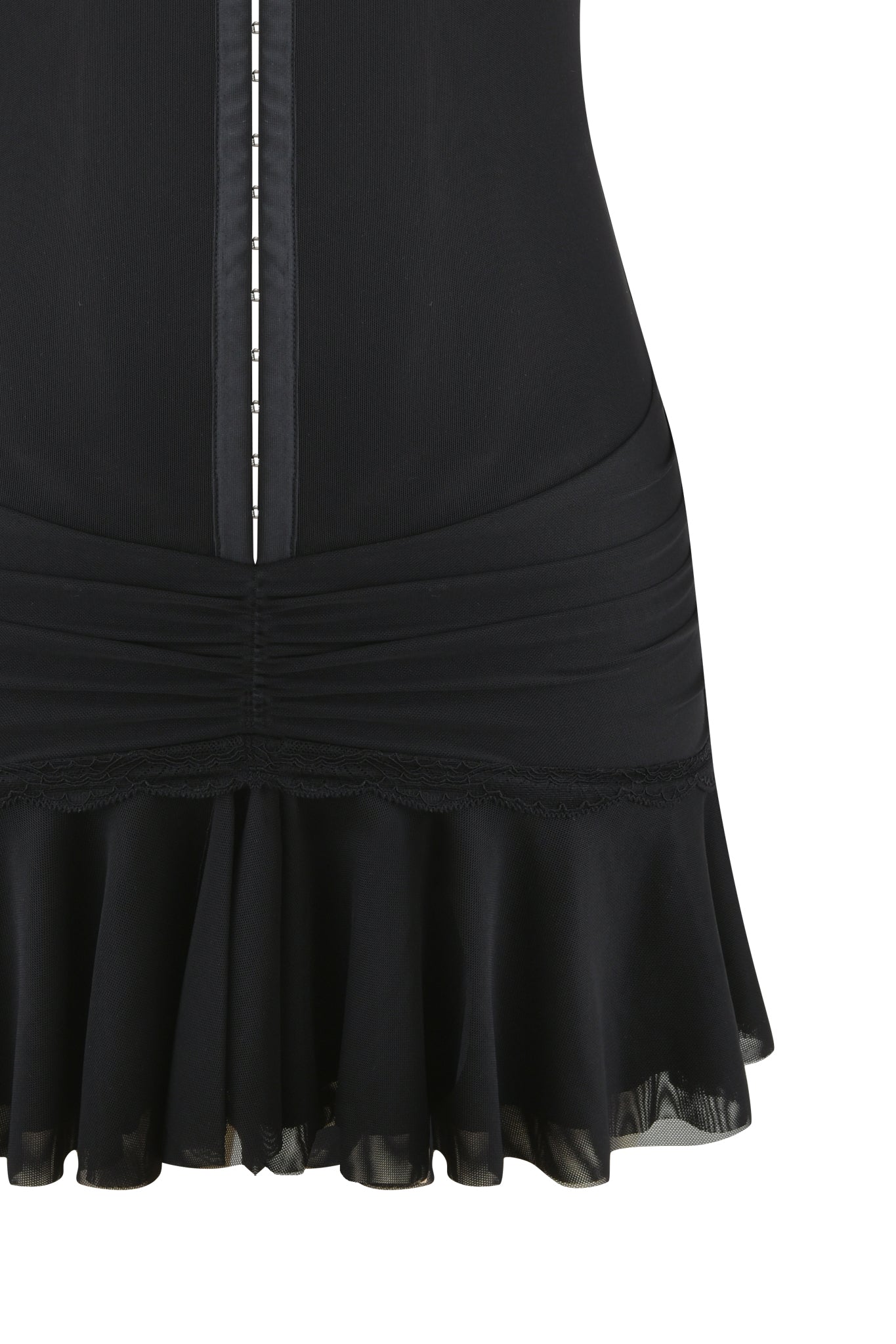 Close-up of the I.AM.GIA ISELA MINI DRESS in black, featuring a ruched waist, vertical seam, and flared ruffled hem with lace trim. The smooth fabric is slightly sheer at the hem, highlighting classic ruched mesh mini dress details.