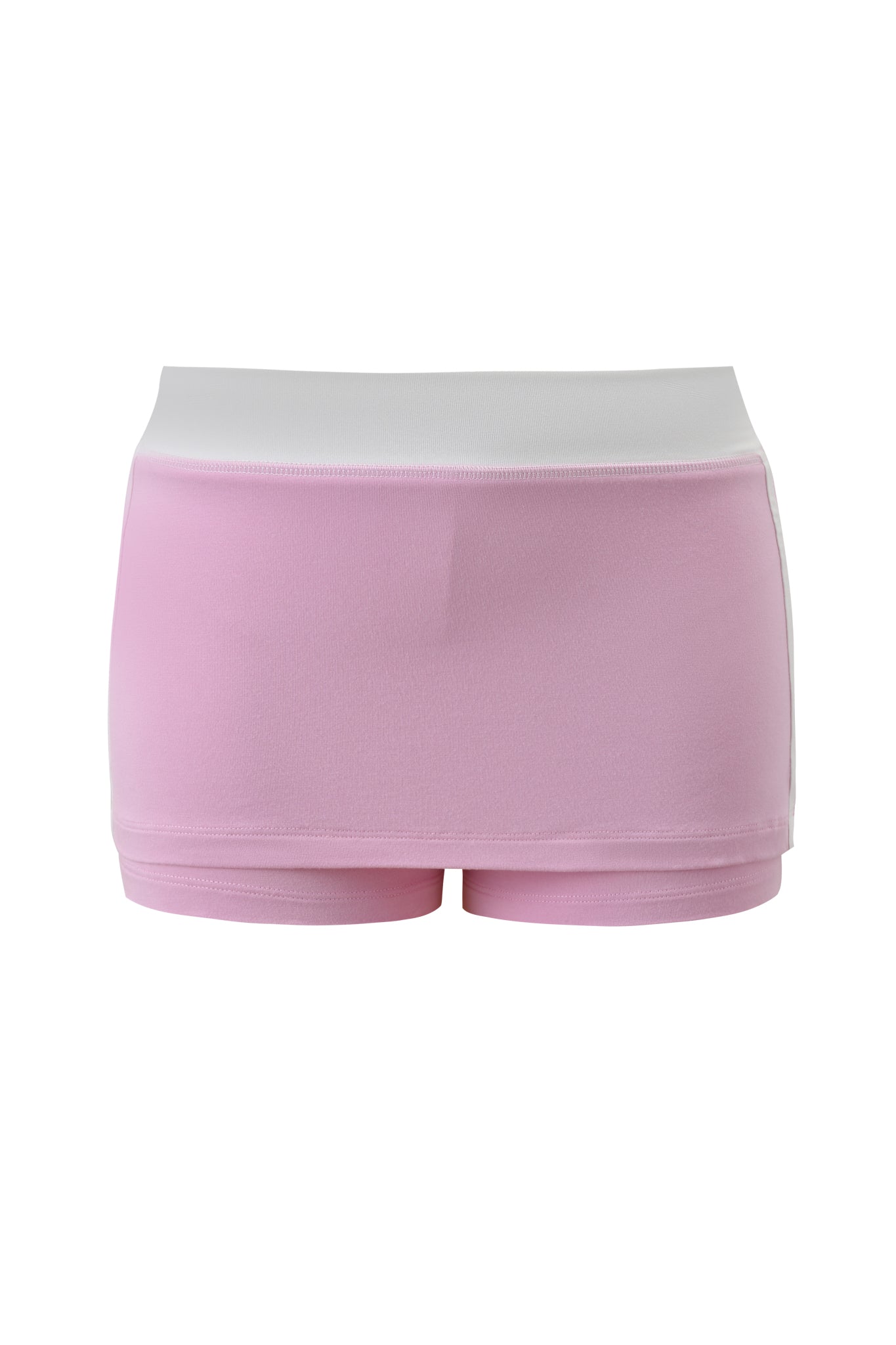 The I.AM.GIA BLARE PIPING MICRO SKORT in baby pink and white features a sporty bodycon fit with a white waistband, skirt overlay, and fitted shorts—ideal for active days, shown on a plain white background.