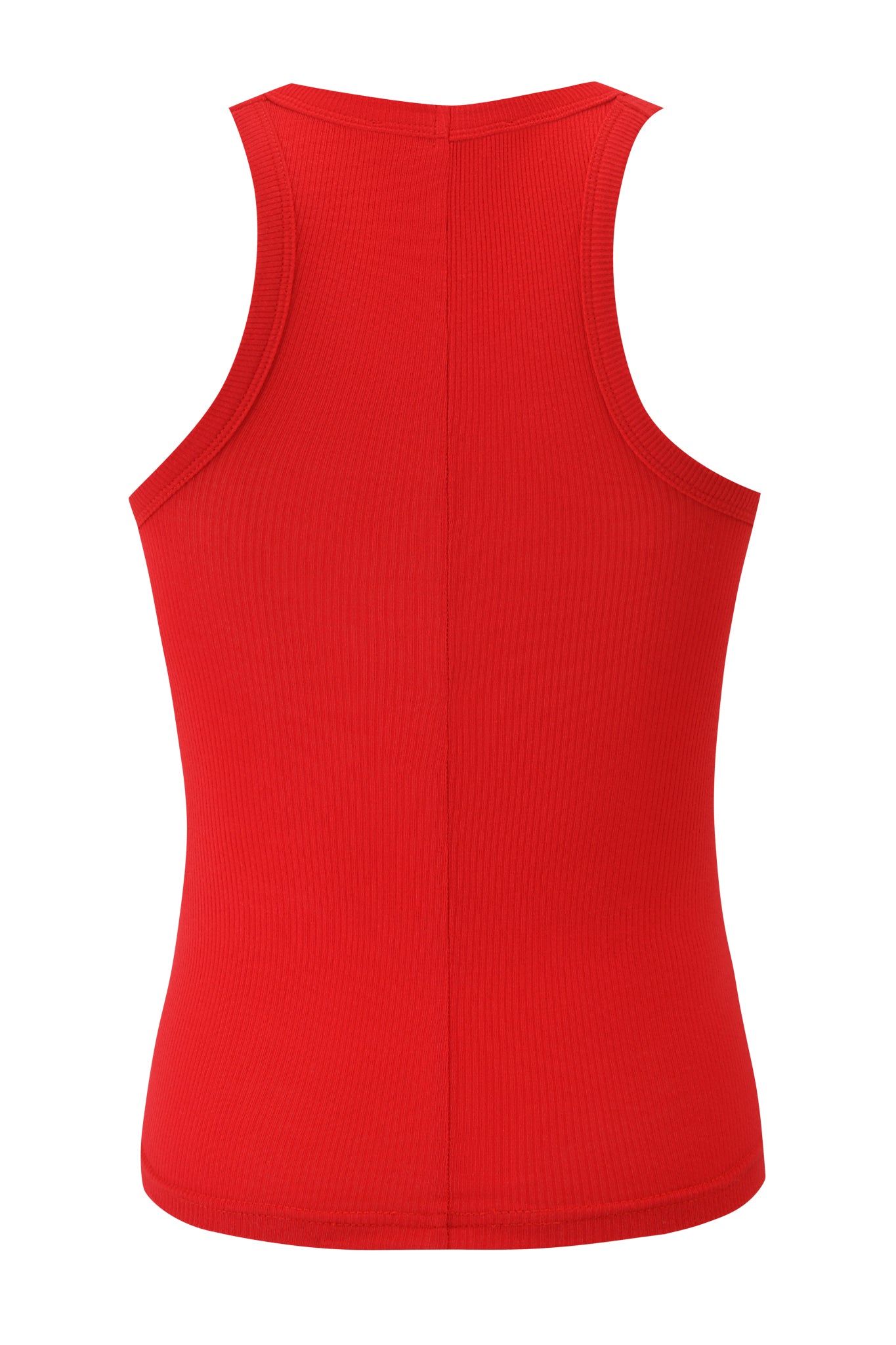The PENELOPE TANK - RED GIA LOGO by I.AM.GIA is a fitted, sleeveless racer tank shown from the back, featuring ribbed fabrication and a classic racerback design.
