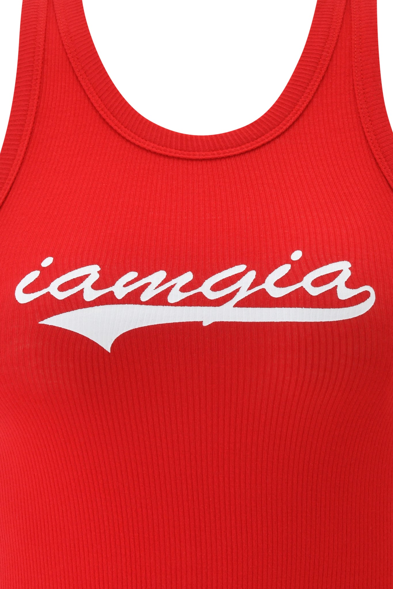Close-up of the PENELOPE TANK - RED GIA LOGO by I.AM.GIA, featuring ribbed fabric and a white "iamgia" logo across the chest.