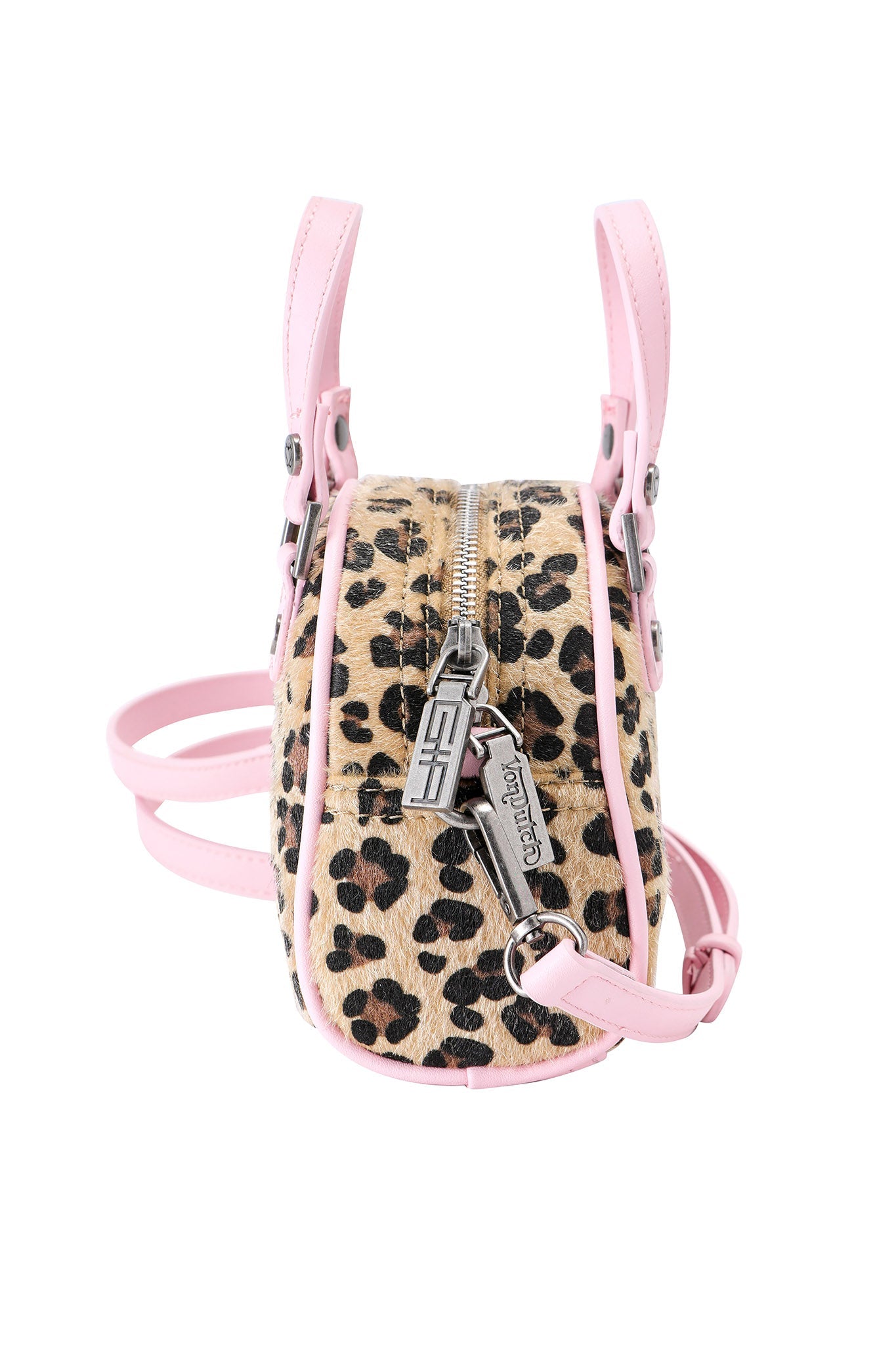 The I.AM.GIA X VON DUTCH MINI BOWLING BAG - LEOPARD features bold leopard print, light pink leather trim, and a silver zipper pull with chain and branded tag—a standout accessory from I.AM.GIA.
