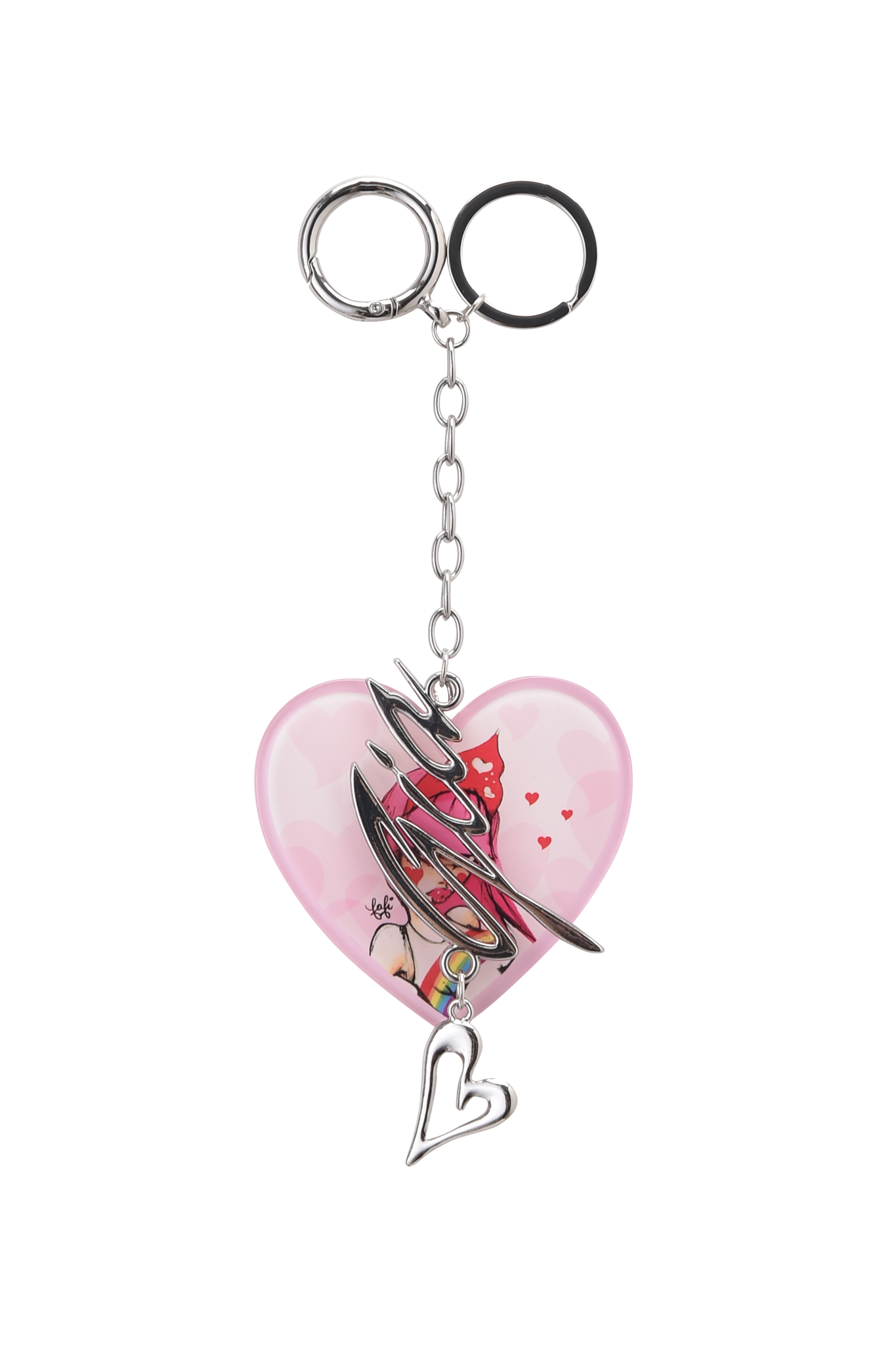 The I.AM.GIA FAFI KEYCHAIN - PINK features a heart-shaped acrylic pendant with red hearts and characters, a silver key ring and chain, metallic scribble detail, and an additional small silver heart charm.
