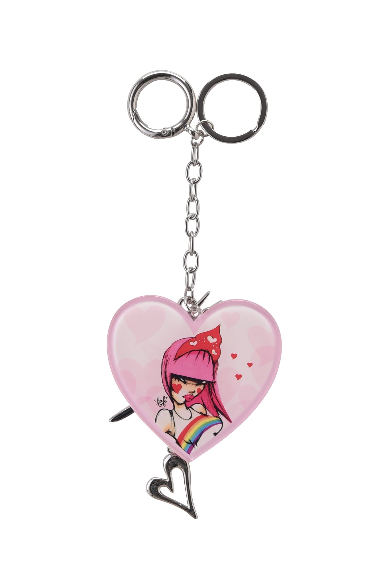 The FAFI KEYCHAIN - PINK by I.AM.GIA features a heart-shaped charm with a Fafi Fafinette-style illustration—pink-haired person, red bow, rainbow shirt, and tiny red hearts—on a light pink background, plus a silver chain.