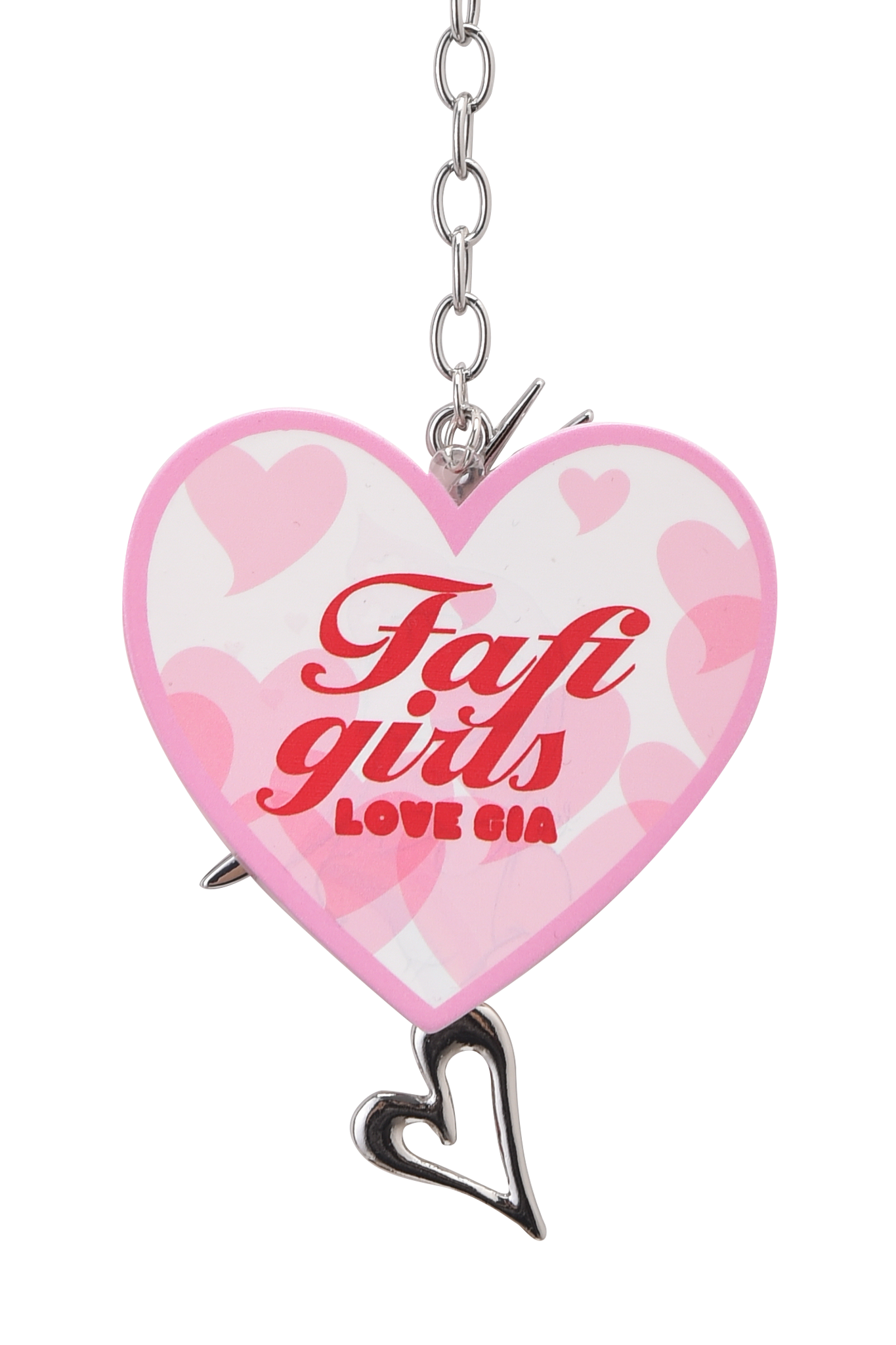 The FAFI KEYCHAIN - PINK by I.AM.GIA is a heart-shaped acrylic keychain with a pink border, pink hearts background, "Fafi girls LOVE SIA" in red, Fafinette style art, and a small dangling silver heart.
