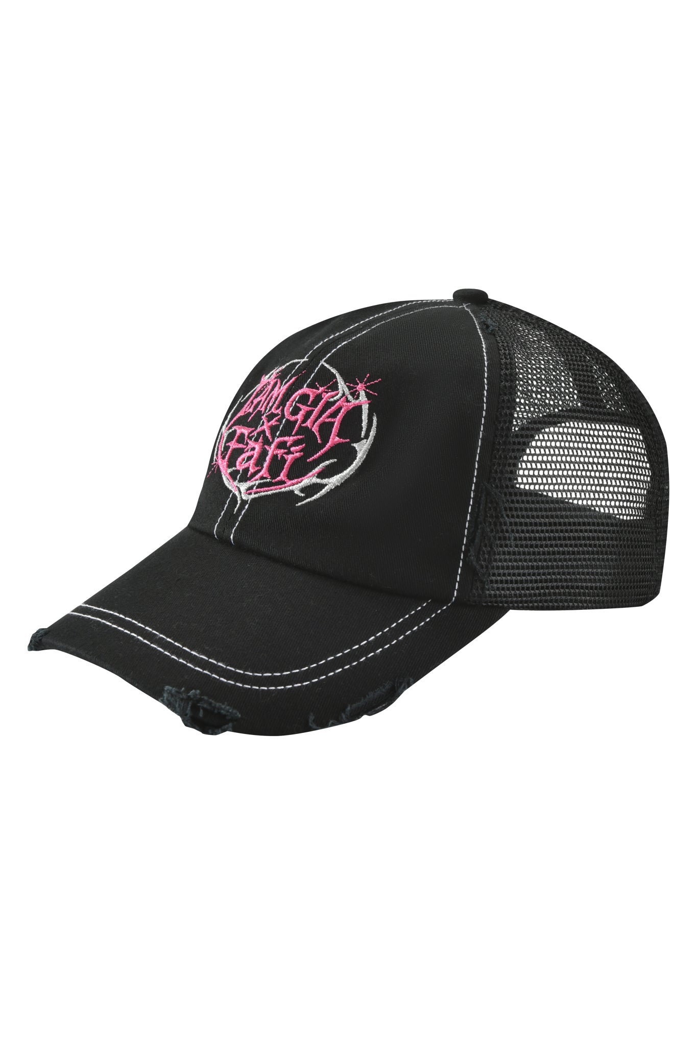 The I.AM.GIA FAFI HAT - BLACK is a distressed trucker hat with white stitching, pink graffiti-style front design, embroidered logo, mesh panels, and edgy worn-in details. Part of the IAMGIA x FAFI collection.