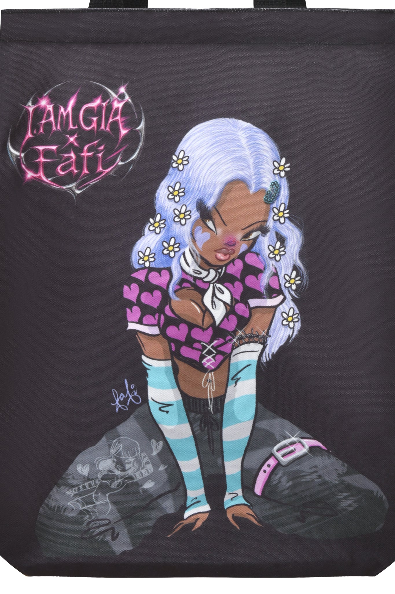 The FAFI TOTE BAG - BLACK by I.AM.GIA features a girl with long lavender hair, daisies, a heart-print top, striped blue sleeves, and neon "IAMGIA Fafi" text—a unique design from the exclusive FAFI collaboration.