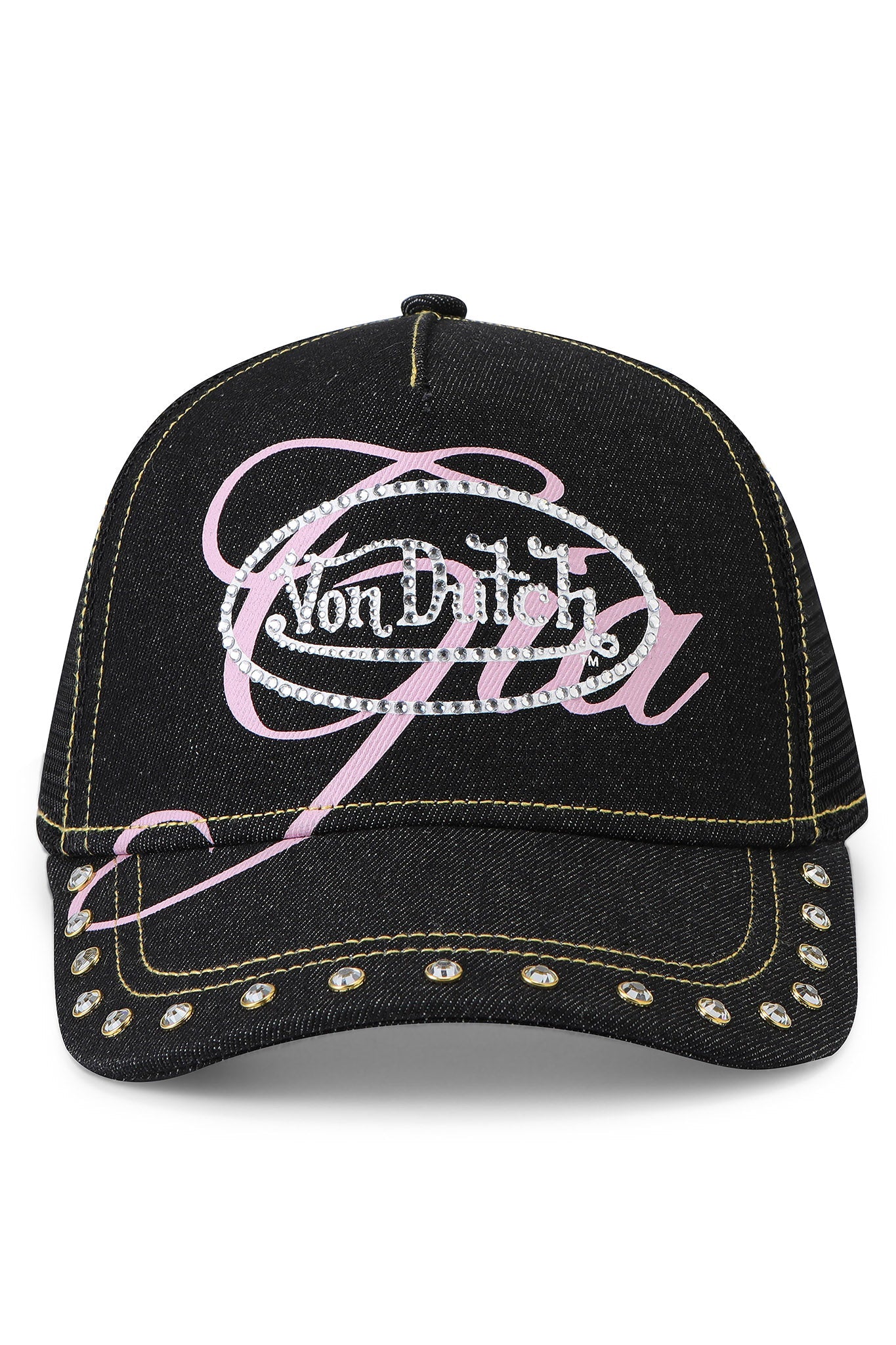 An indigo denim I.AM.GIA x Von Dutch trucker hat featuring silver rhinestones on the brim and a large pink "Gia" diamante logo over the white Von Dutch logo on the front.