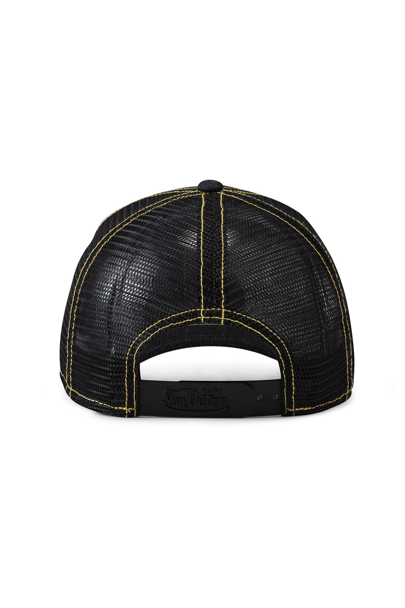 The I.AM.GIA X VON DUTCH TRUCKER HAT - INDIGO DENIM features a black mesh back, yellow stitching, and an adjustable snap strap embossed with the "Von Dutch" logo—ideal for pairing with your favorite streetwear looks.