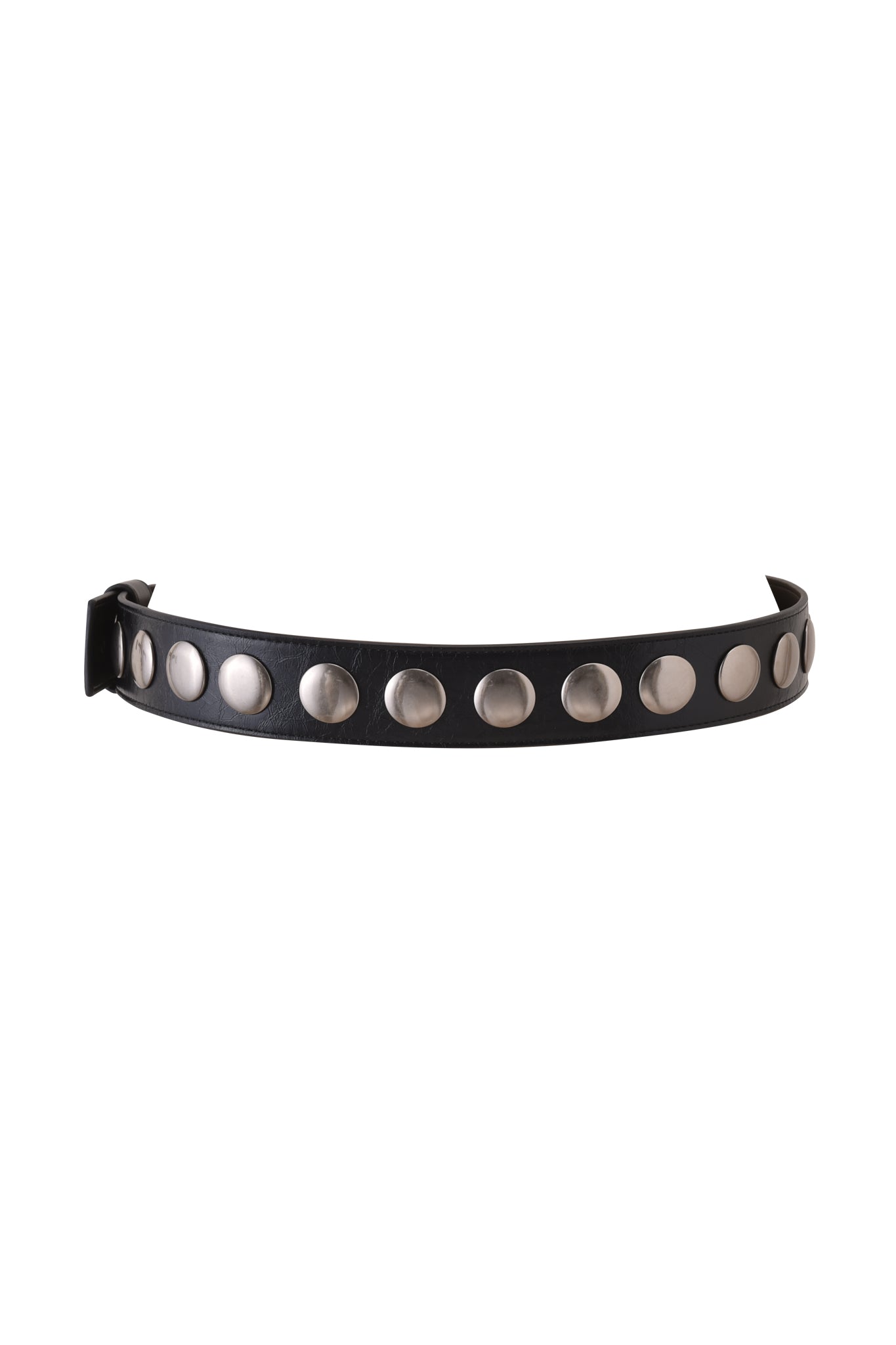 The IRINIE STUDDED BELT - BLACK by I.AM.GIA is crafted from black faux leather, featuring large silver studs and an adjustable buckle, shown against a white background.