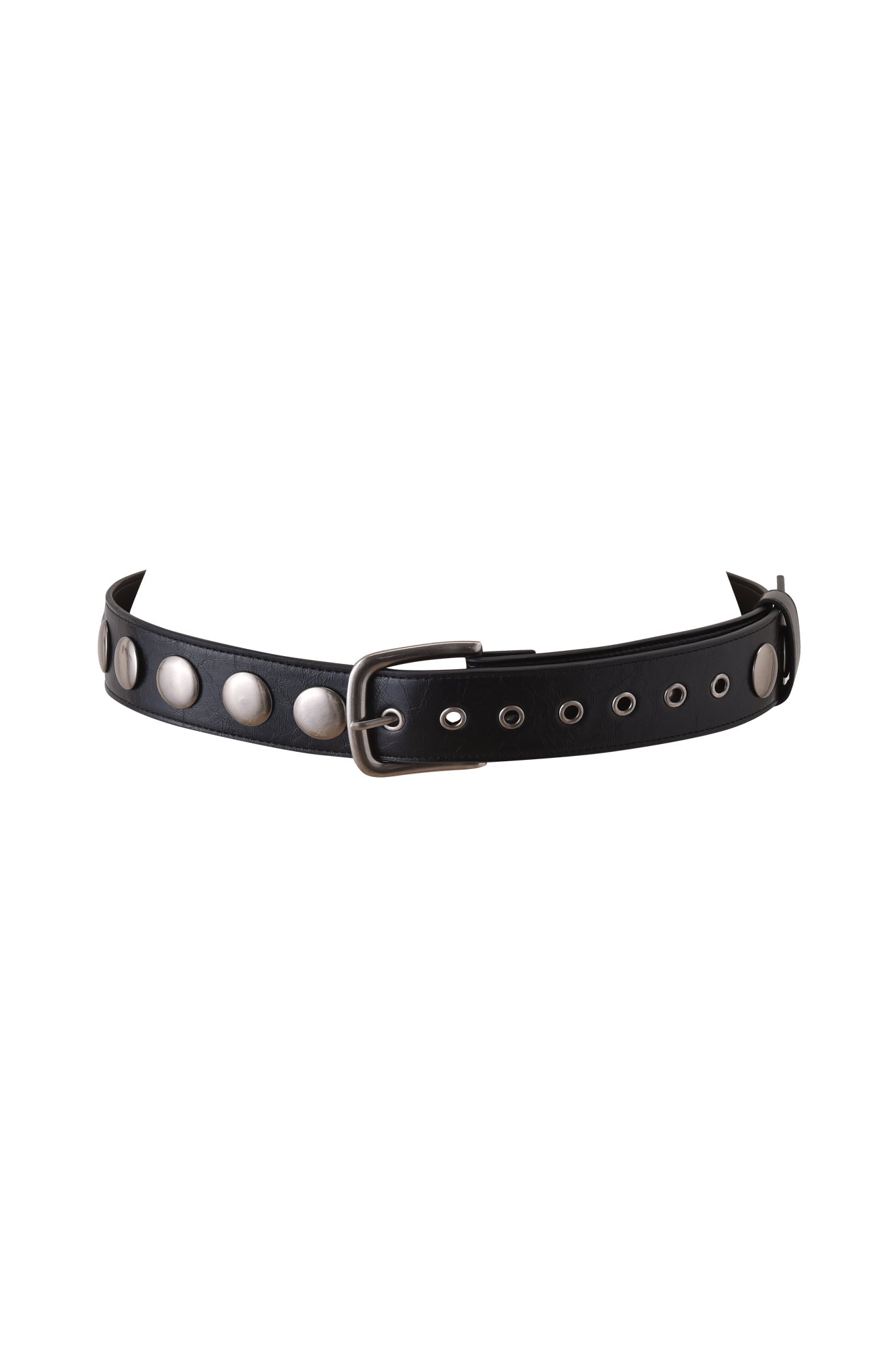 The IRINIE STUDDED BELT - BLACK by I.AM.GIA is a black faux leather belt with metallic studs and a silver adjustable buckle, shown on a white background.