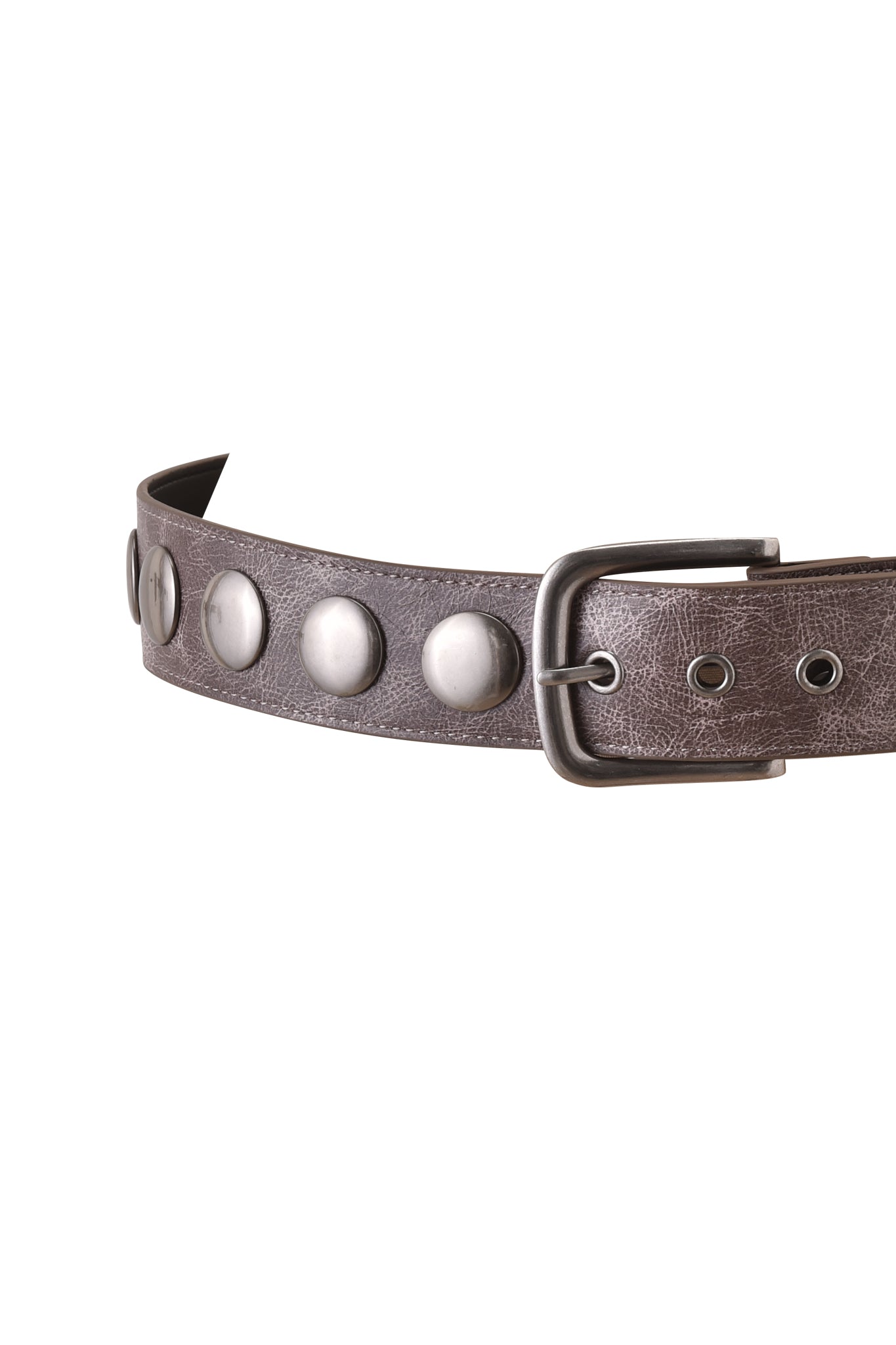 The IRINIE STUDDED BELT - MUSHROOM by I.AM.GIA features large round silver studs and an adjustable silver buckle, displayed on a white background.