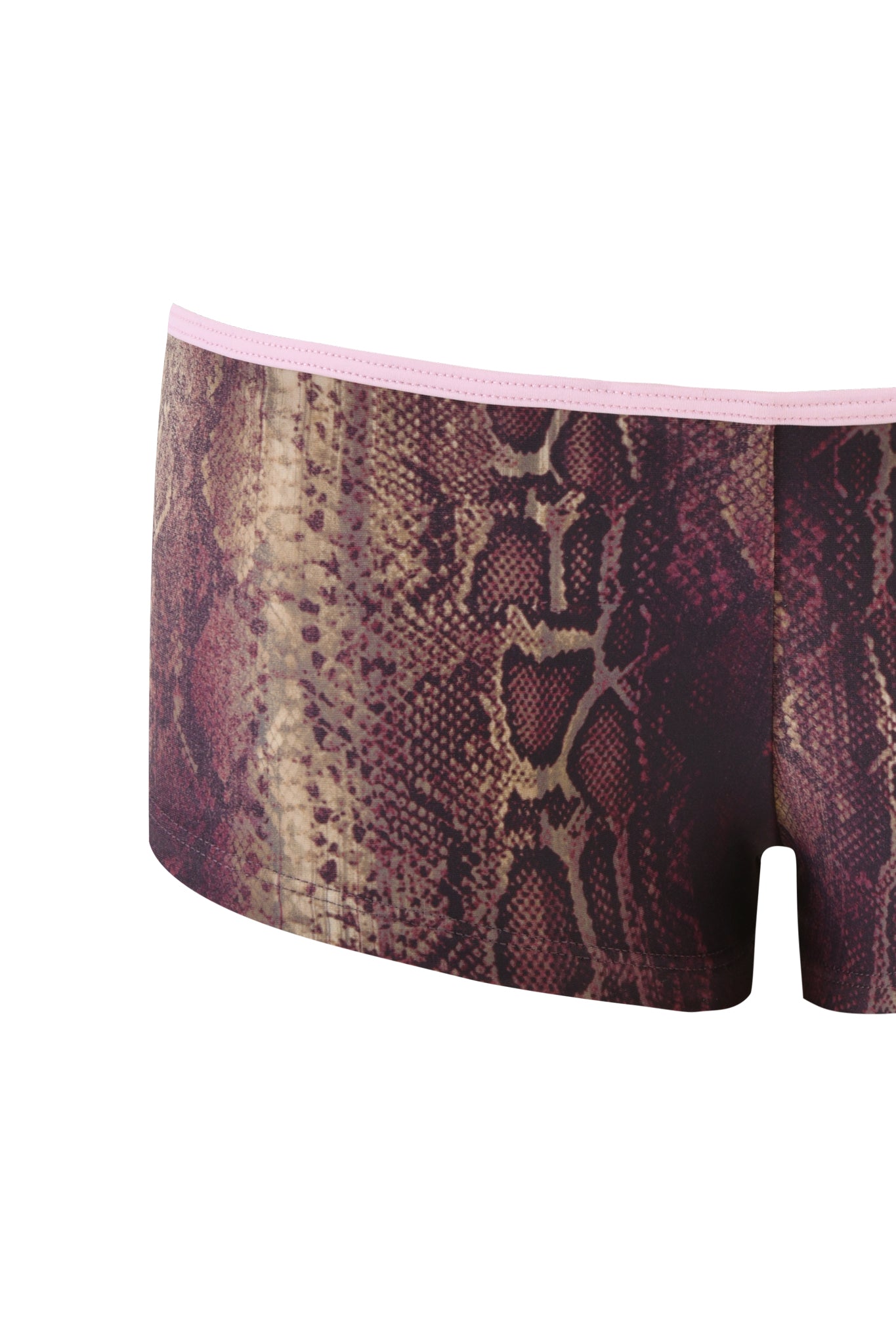 The I.AM.GIA JOANNE SHORT - SNAKE is a pair of low-rise bodycon shorts with a brown, beige, and purple snake print and a light pink waistband, shown close-up on a white background.