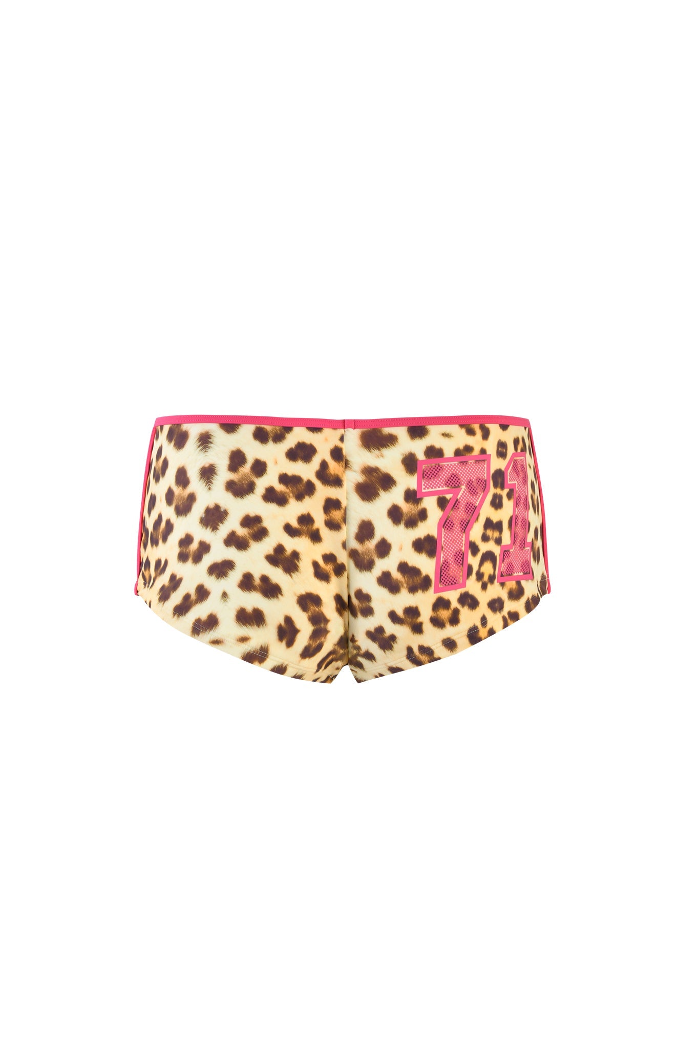 Introducing the JOANNE SHORT - NEUTRAL : LEOPARD : WILDCARD by I.AM.GIA, a stunning pair of leopard print shorts that embody the brand's signature style. Featuring a bold pink waistband and a striking pink number "71" on the right side, these shorts seamlessly blend sporty chic with daring fashion statements.