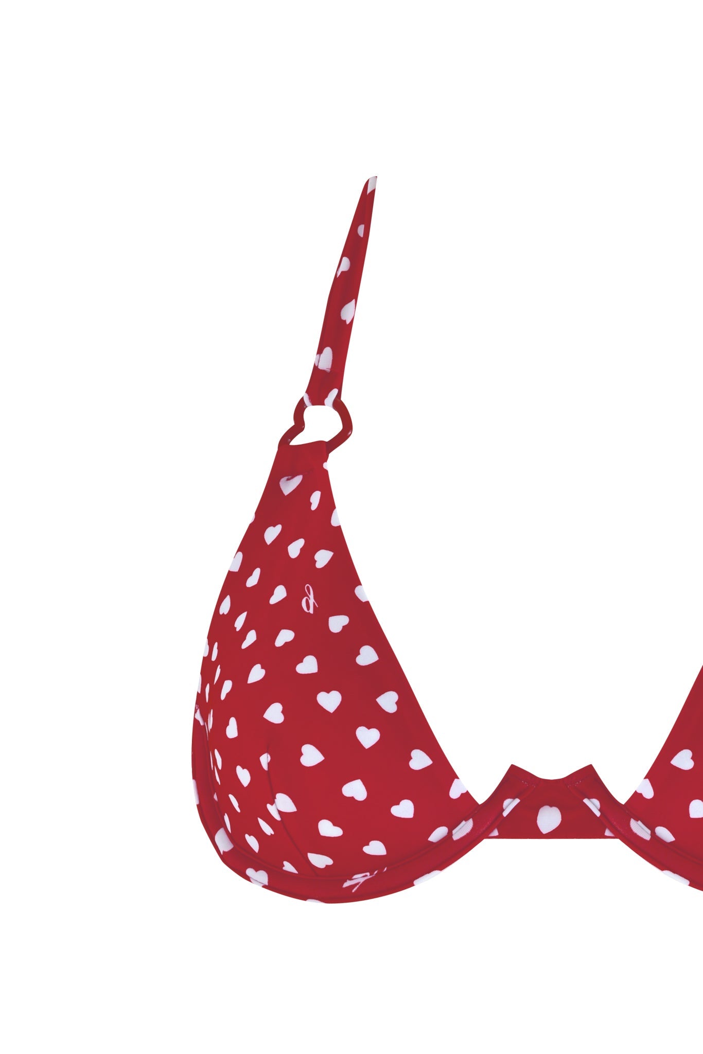The VALENTINA BIKINI TOP - RED : RED HEARTBEAT by I.AM.GIA features a red heart print fabric with visible halter neck straps, displayed on a pristine white background with the left side showcased.