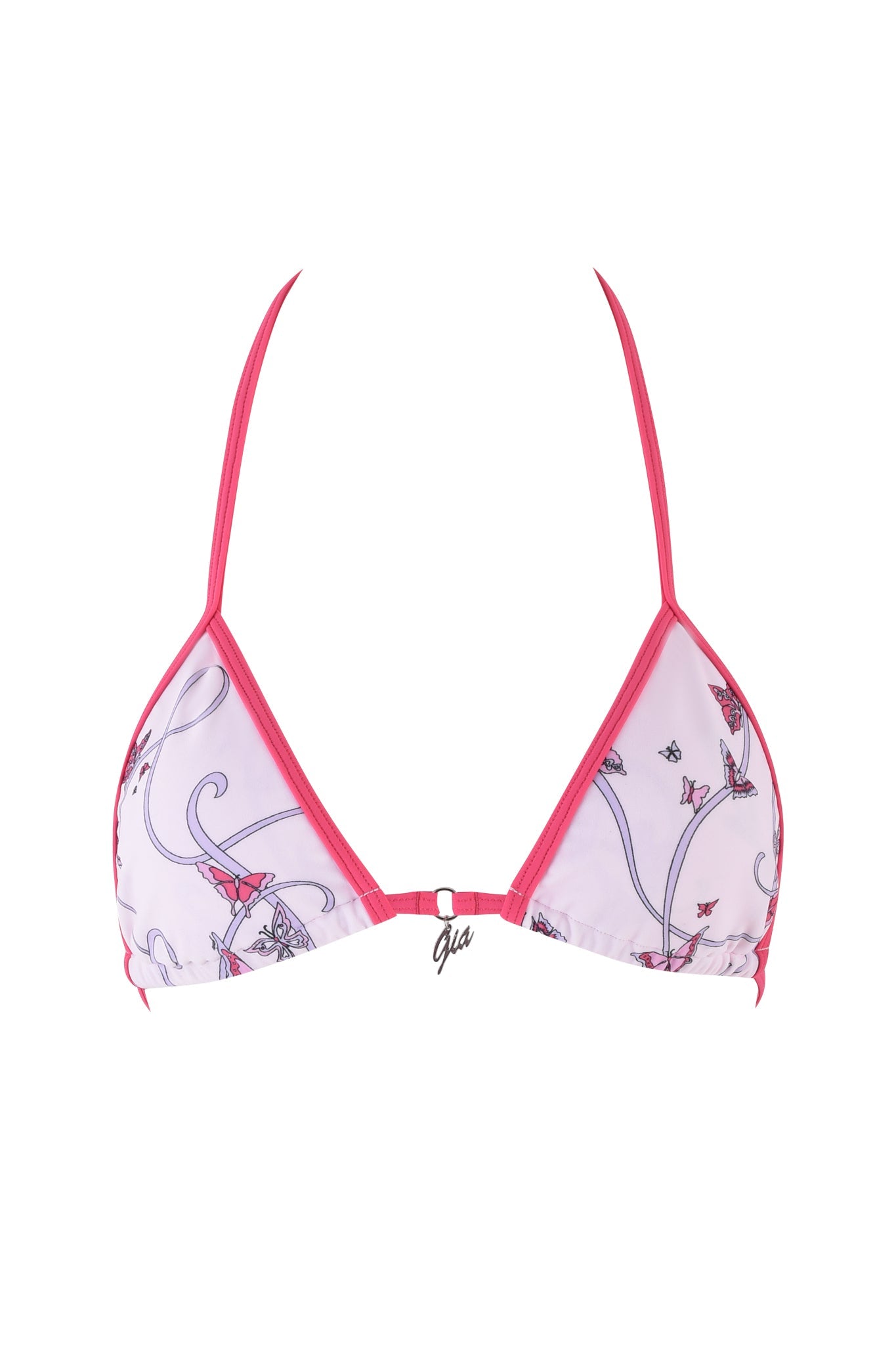 The I.AM.GIA Cordelia 2.0 Bikini Top features a pink and white triangle design adorned with floral, vine, and butterfly ribbon prints. It includes thin pink straps and a center clasp for a playful touch.