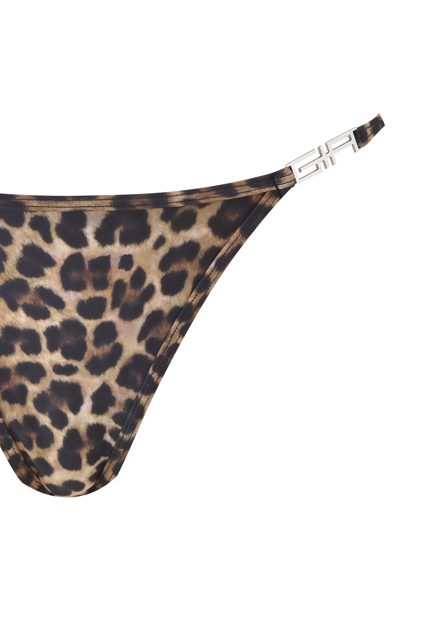 A close-up of the I.AM.GIA AVA BIKINI BOTTOM - LEOPARD shows its metallic side clasp detail against a white background.