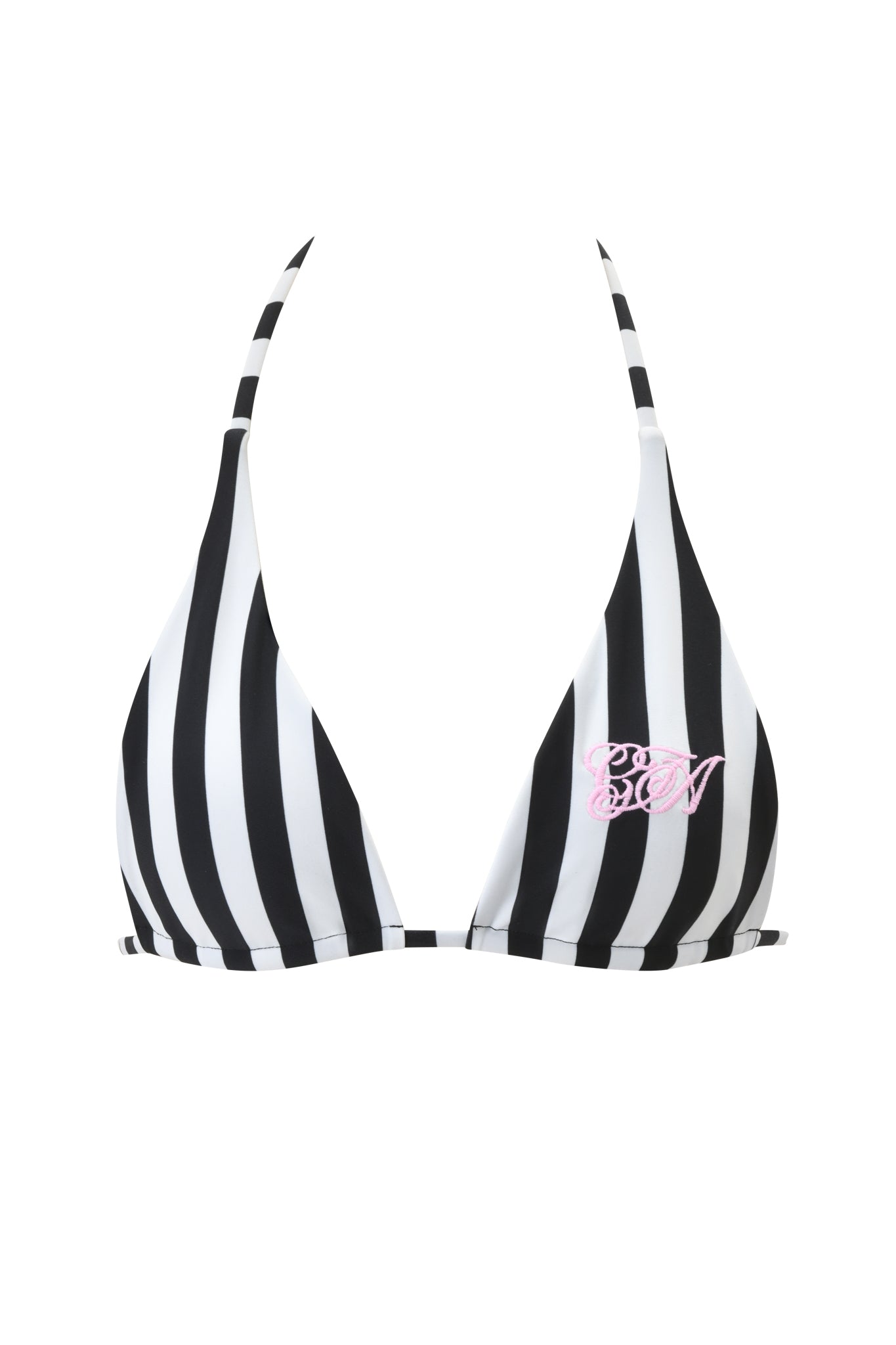 The I.AM.GIA AURETTE REVERSIBLE BIKINI TOP in Jailbird Stripe features black and white vertical stripes, triangle cups, halter neck straps, a small pink embroidered detail, and is made from comfortable slinky swim fabric.