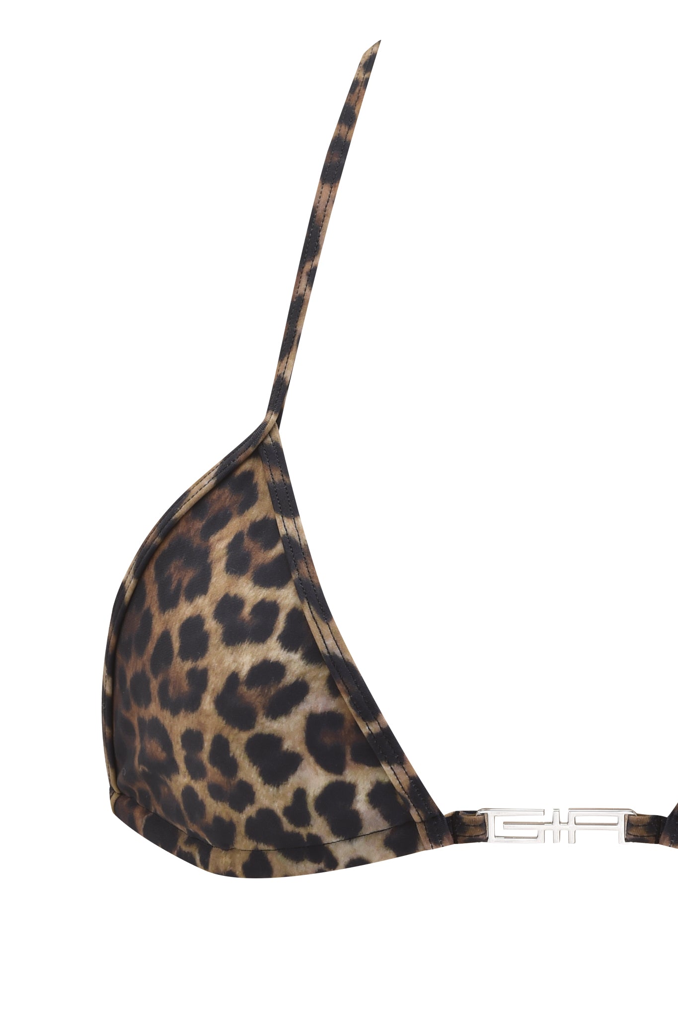 The AVA BIKINI TOP - LEOPARD by I.AM.GIA features thin straps and a metal side clasp, displayed against a white background.