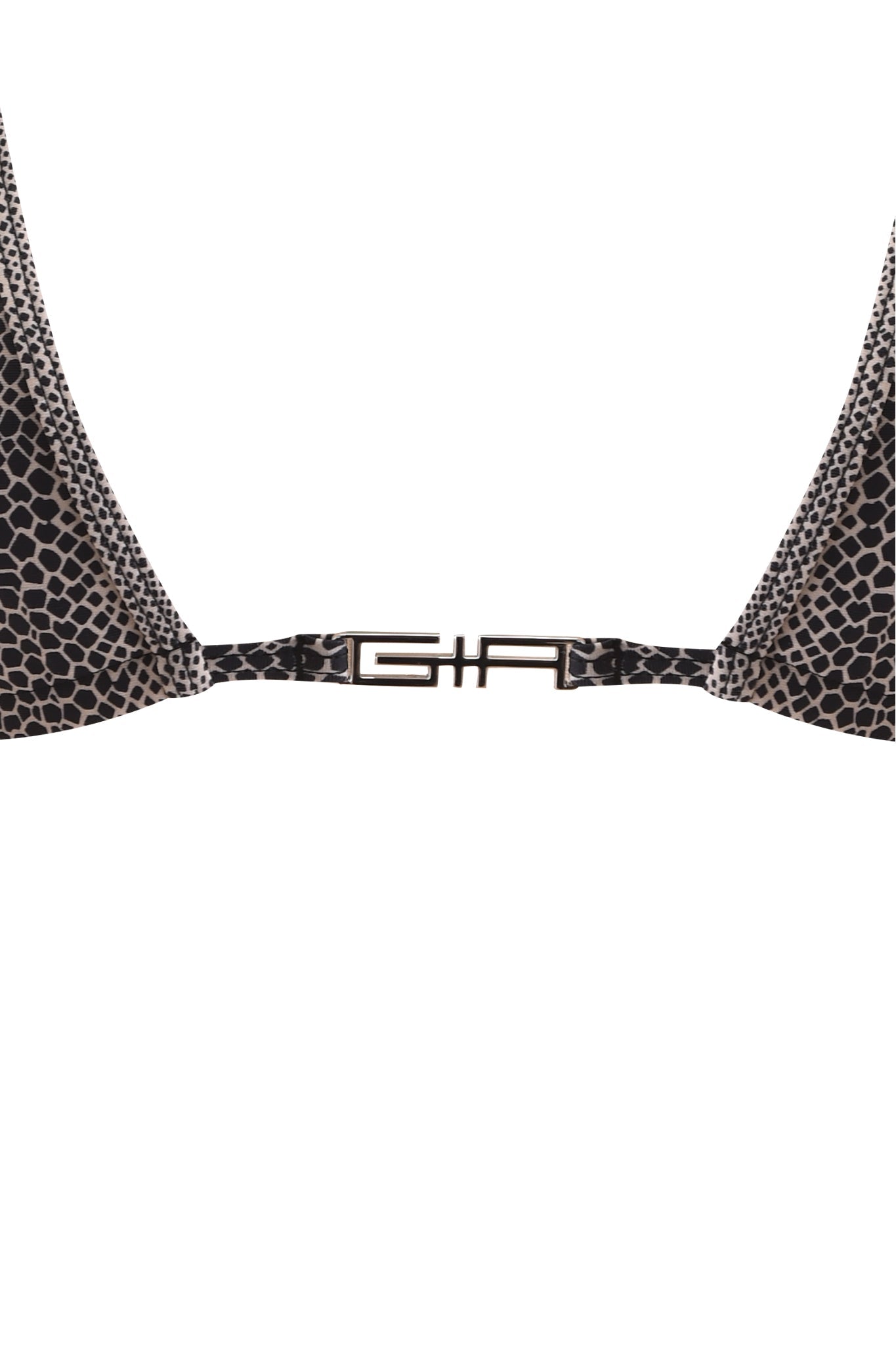 Close-up of the AVA BIKINI TOP - SERPICO by I.AM.GIA, a triangle bikini top with a black and white snake print and a metallic center clasp featuring the "GF" logo, against a plain white background.