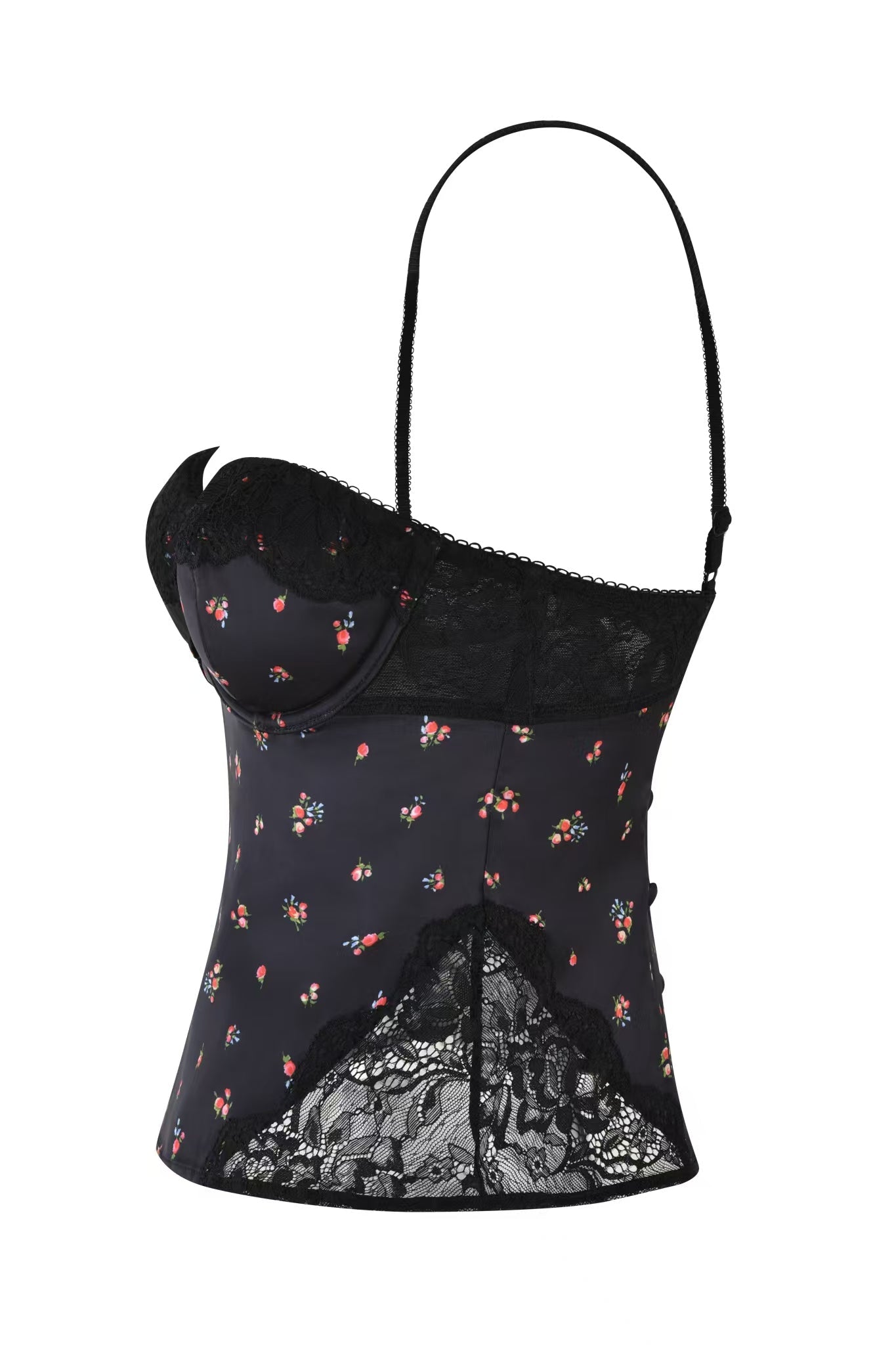 The I.AM.GIA Luella Cami Top in Black : Ditsy Floral is a vintage-inspired tank with thin straps, adorned with colorful floral patterns and lace paneling on the top and bottom edges for an elegant, feminine look.