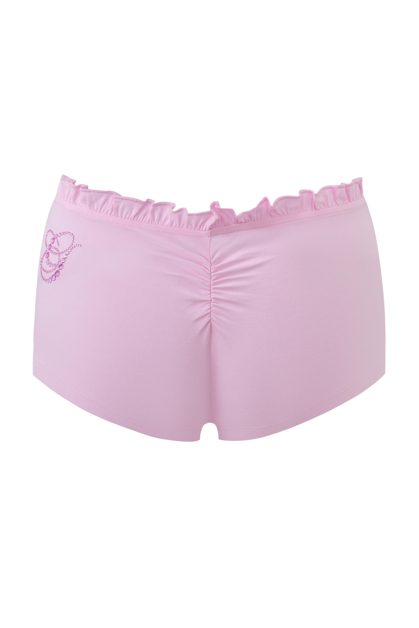 The MELANIE SHORT - PINK by I.AM.GIA is a women's boyshort-style underwear in pink bamboo jersey, featuring a ruffled waistband and a small butterfly design on the left, shown against a light pink background.