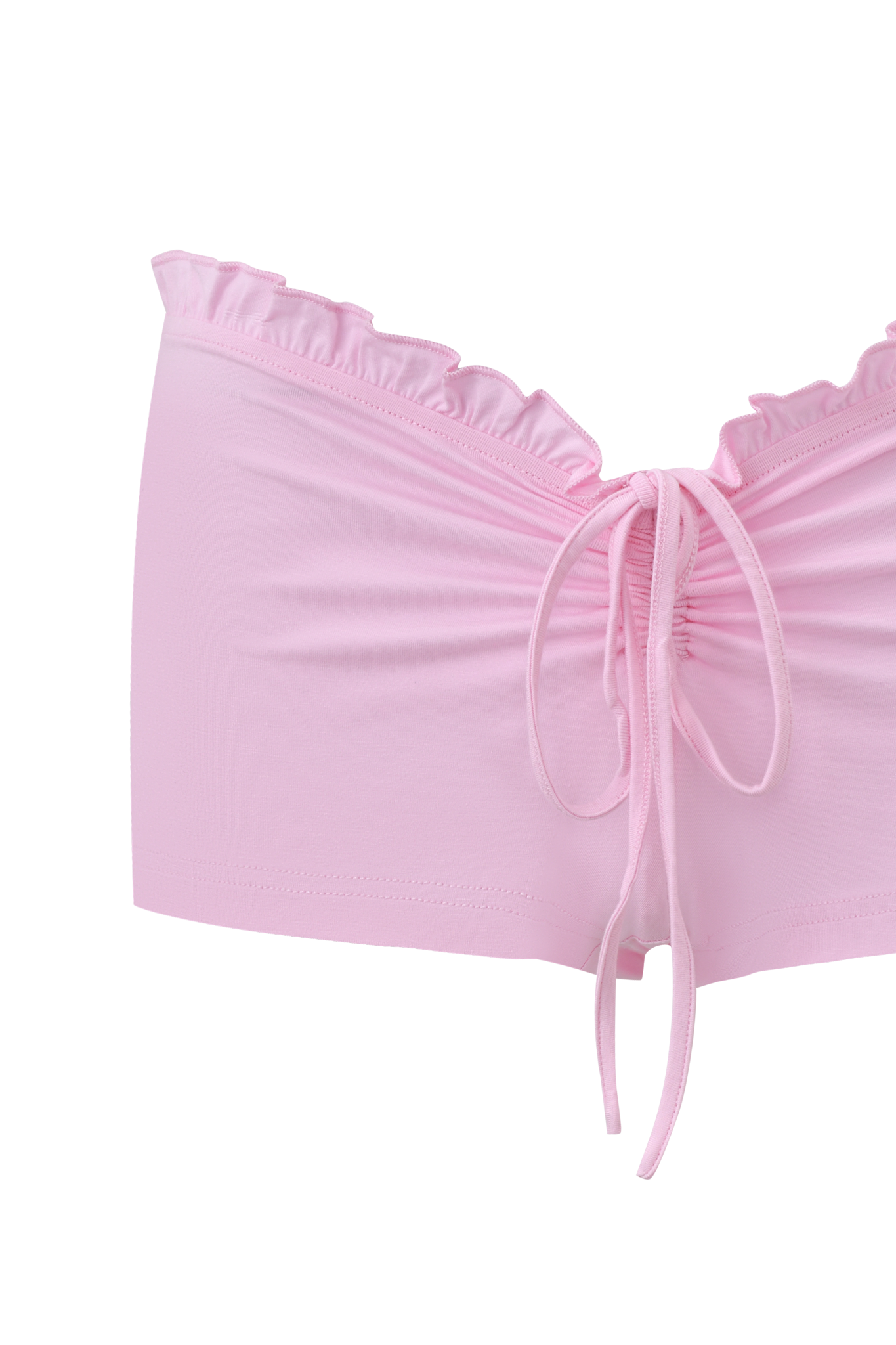The MELANIE SHORT - PINK by I.AM.GIA features light pink, ruffled edges, a ruched center back, and bow tie detail. Crafted from smooth, stretchy bamboo jersey with a semi-sheer finish for a soft, alluring look.