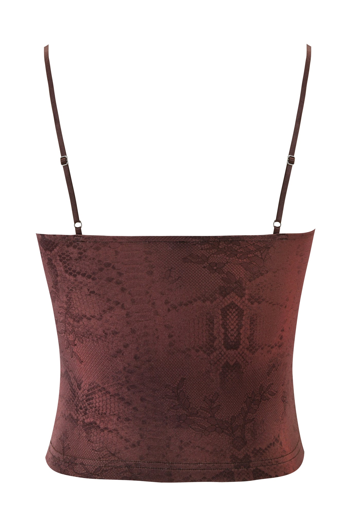 The BEAU TOP - BROWN by I.AM.GIA is a maroon cami with thin, adjustable straps and an eye-catching snakeskin print, displayed from the back on a white background.