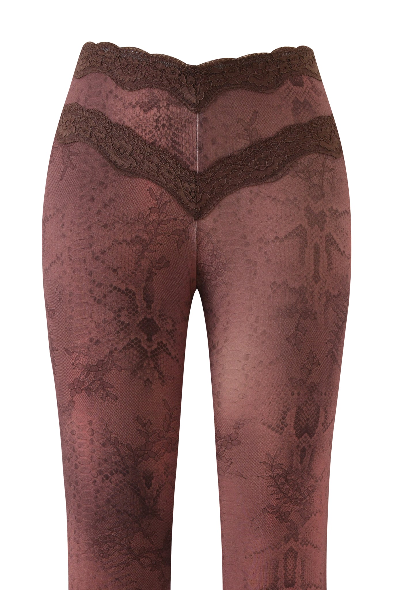 A close-up of someone wearing I.AM.GIA’s BEAU PANT in brown: sheer lace tights with a snakeskin and floral print, featuring a decorative scalloped waistband and low-rise fit for added style.