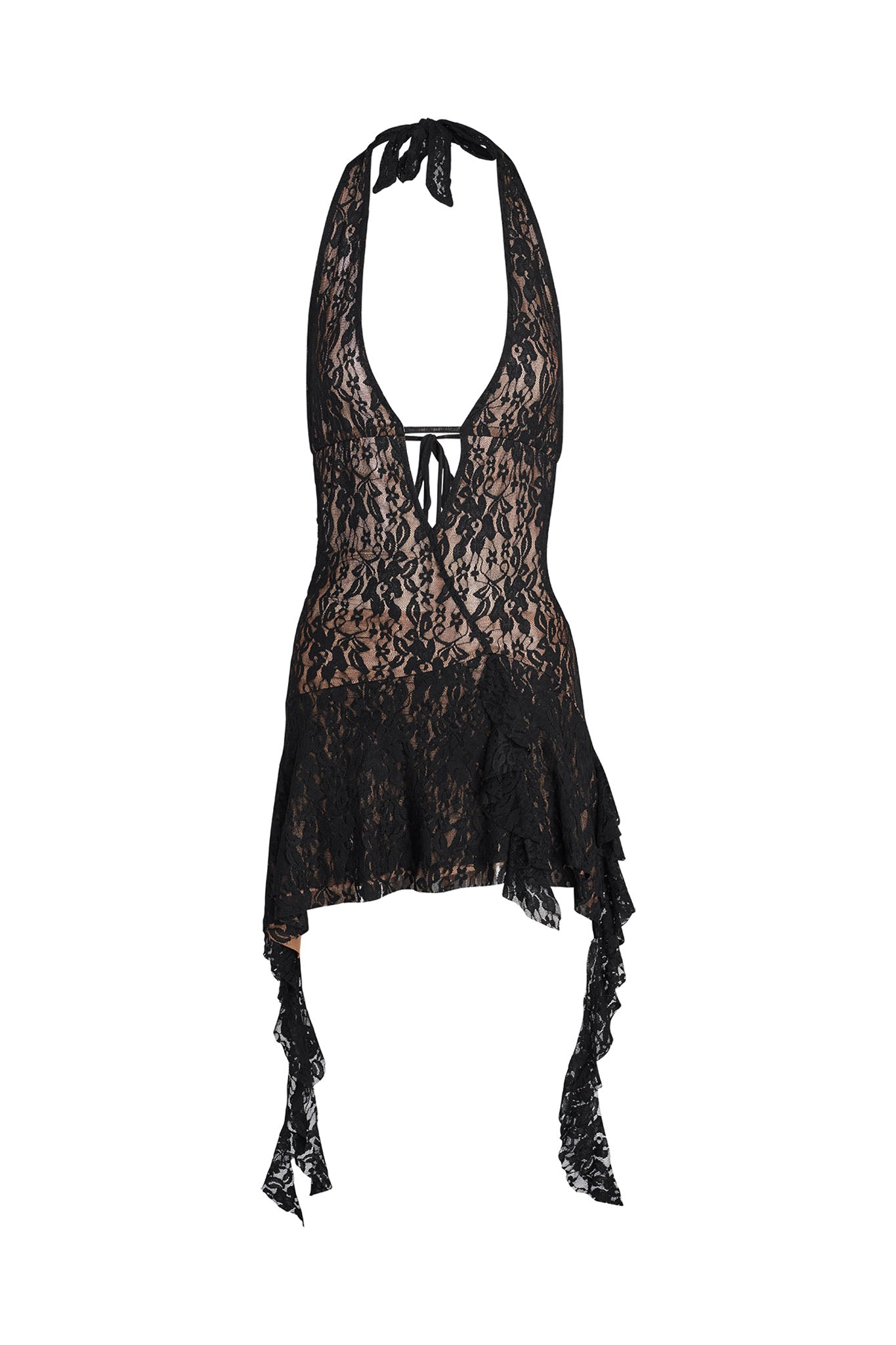 The IRISIA LACE DRESS - BLACK by I.AM.GIA features a black lace halterneck design with a plunging neckline, scalloped lace trim, and a ruffled, asymmetrical hem. Its intricate lace pattern and thin black straps that tie at the neck and back enhance its allure.