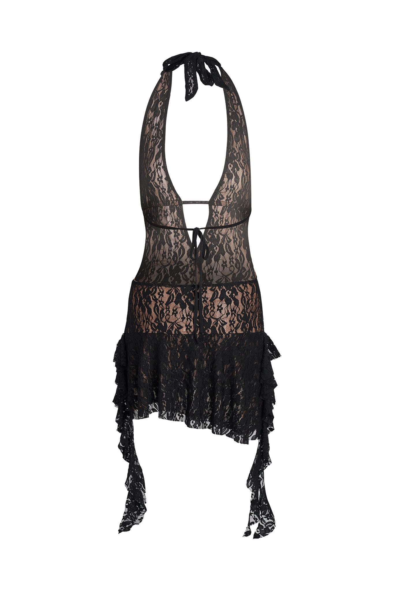 The I.AM.GIA IRISIA Lace Dress - Black features a deep V-neckline and intricate floral patterns. It ties at the neck and waist, with a ruffled, asymmetrical hem. The sheer fabric offers an elegant and alluring look.
