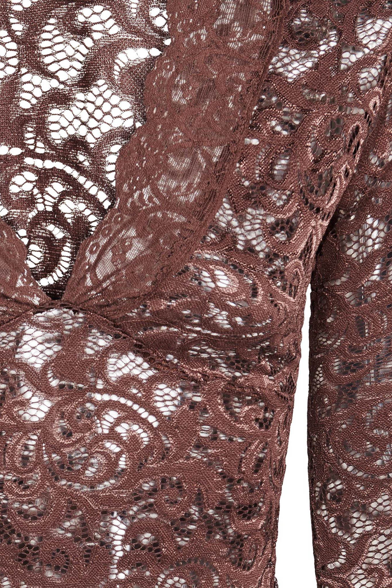 Close-up of the GEMMA TOP - NEUTRAL : CHOCOLATE from I.AM.GIA, showcasing its intricate floral patterns on a rich brown lace fabric. The design features a sophisticated mix of mesh and solid areas, creating a textured look that embodies I.AM.GIA's edgy yet elegant aesthetic. The image emphasizes the meticulous craftsmanship of the lacework.