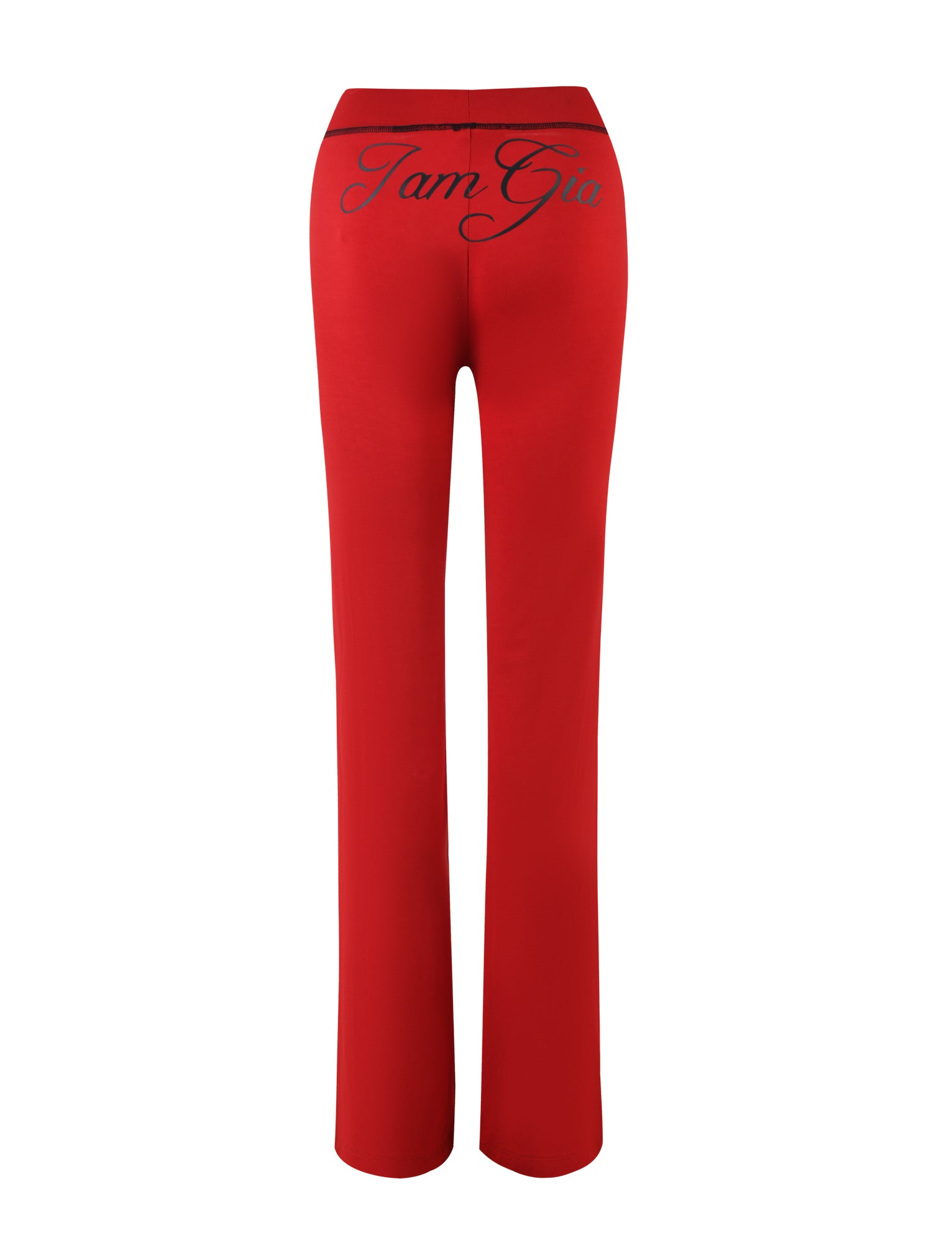 A pair of BLARE TRACKPANT - RED from I.AM.GIA featuring a high waist and wide legs. The text "I.AM.GIA" is printed in black cursive script on the back, just below the waistband. The pants are displayed on a plain white background.