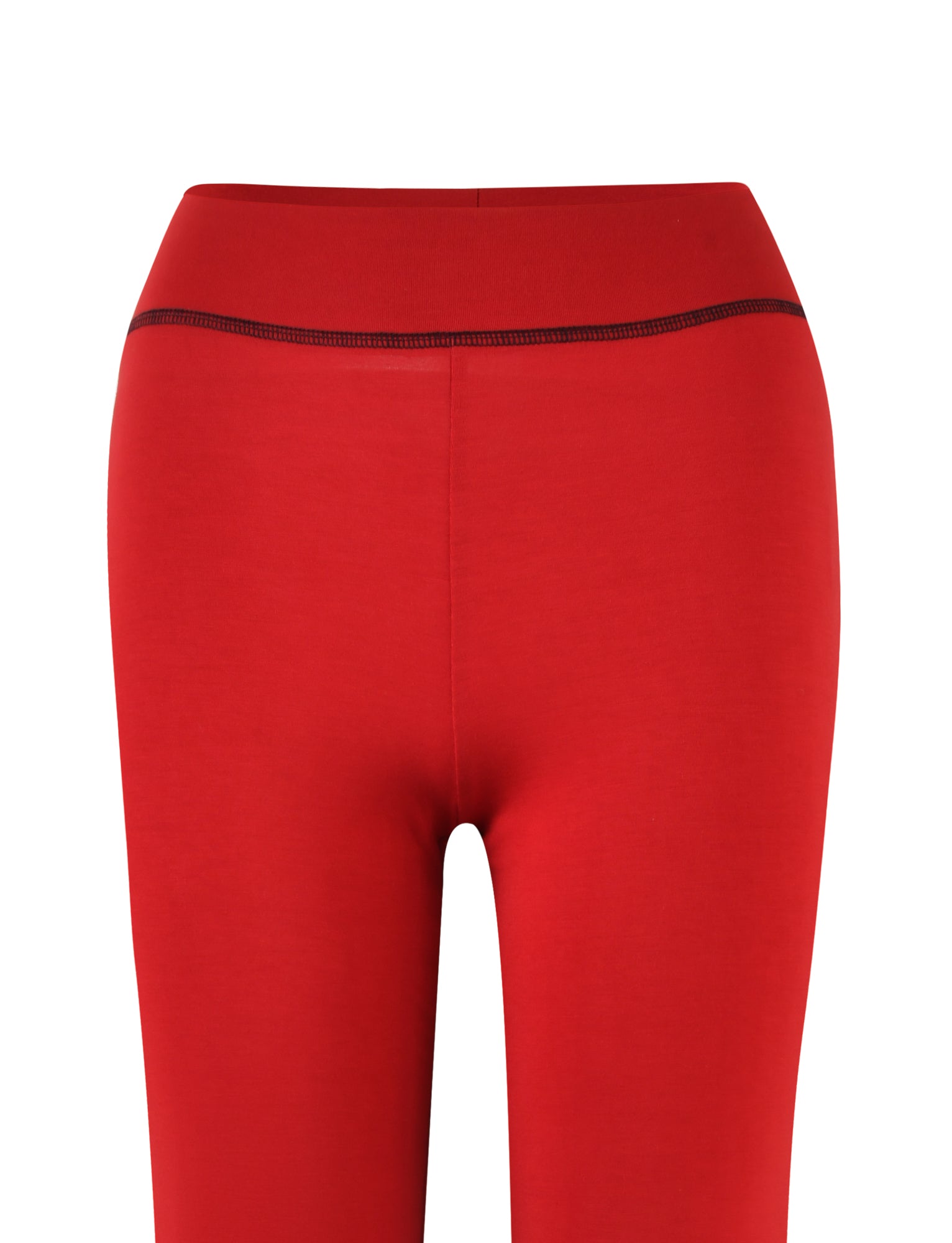 Close-up of I.AM.GIA's BLARE TRACKPANT in red, focusing on the waistband and upper thigh area. The trackpants feature a smooth, fitted design with a contrasting black stitch running horizontally near the top of the waistband. The background is solid white.