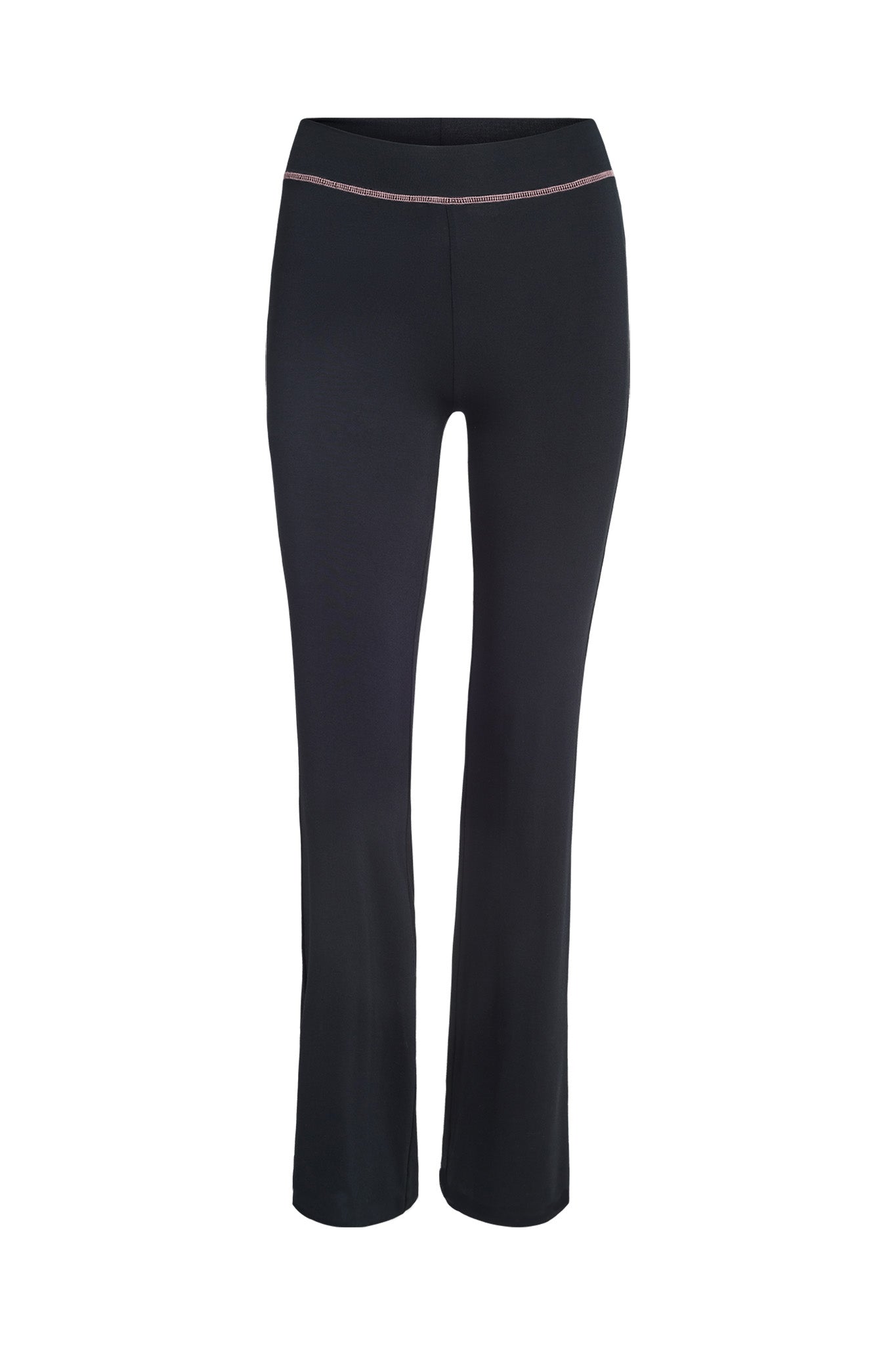 Introducing the BLARE TRACKPANT - BLACK by I.AM.GIA: These black yoga pants boast a slightly flared leg and a wide, comfortable waistband adorned with a subtle pink stitching detail along the top edge. Crafted from soft and stretchy fabric, they are perfect for fitness activities while exuding the stylish signature touch of I.AM.GIA.