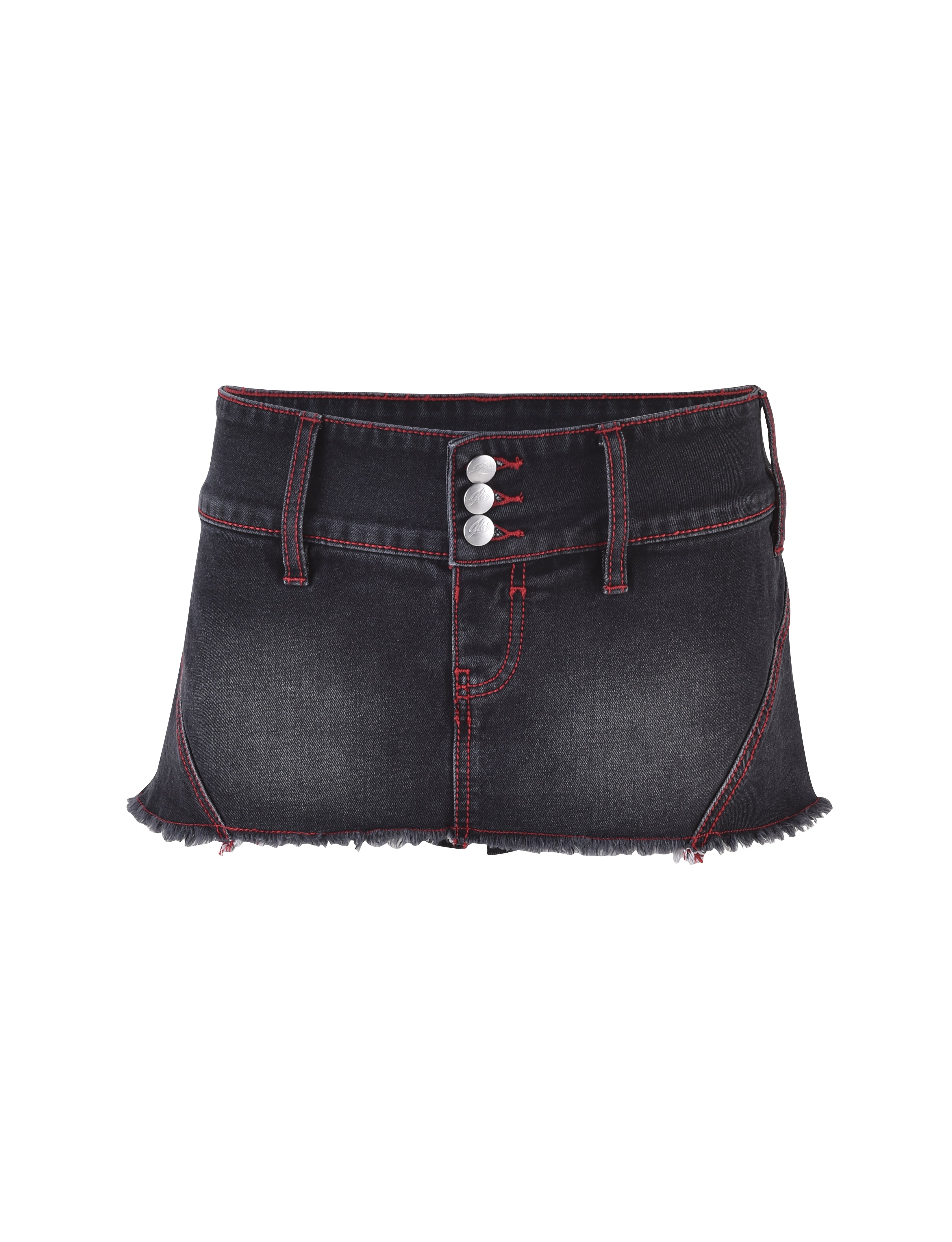 Introducing the NYKKO SKORT in black and red by I.AM.GIA, boasting contrasting red stitching, a frayed hem, belt loops, front pockets, and three silver buttons on the front for closure.
