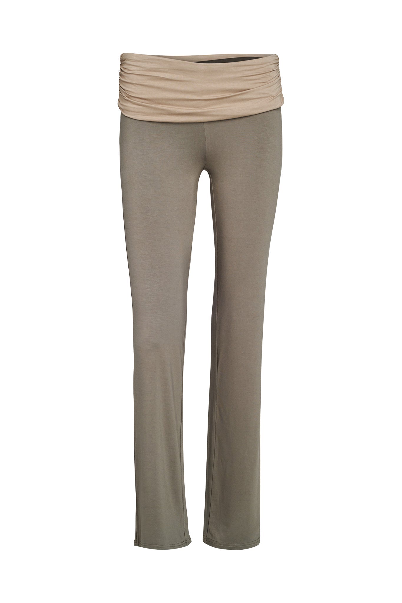 A pair of full-length, green JANNIS PANT yoga pants by I.AM.GIA, featuring a wide, ruched waistband. The pants are displayed against a white background, showcasing their soft fabric and smooth finish. The design is simple and comfortable, suitable for exercise or casual wear.