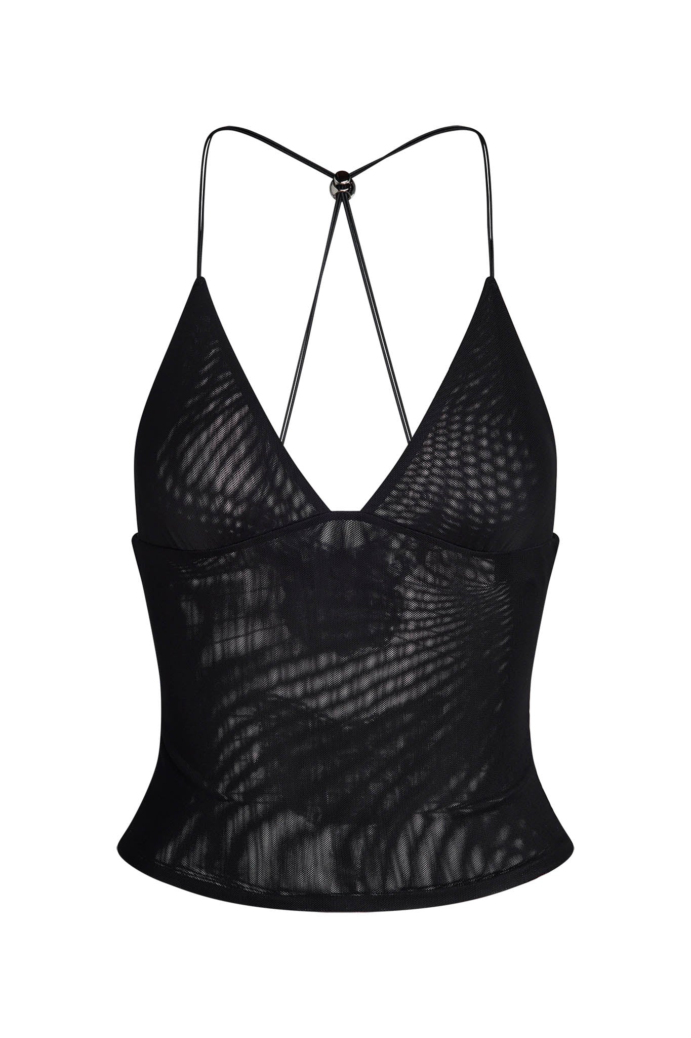 The ELLERY TOP - BLACK by I.AM.GIA is a sheer mesh halter top with thin spaghetti straps that crisscross at the back. This piece features a V-neckline and a fitted silhouette, with light fabric that subtly reveals the pattern beneath, creating a textured appearance.