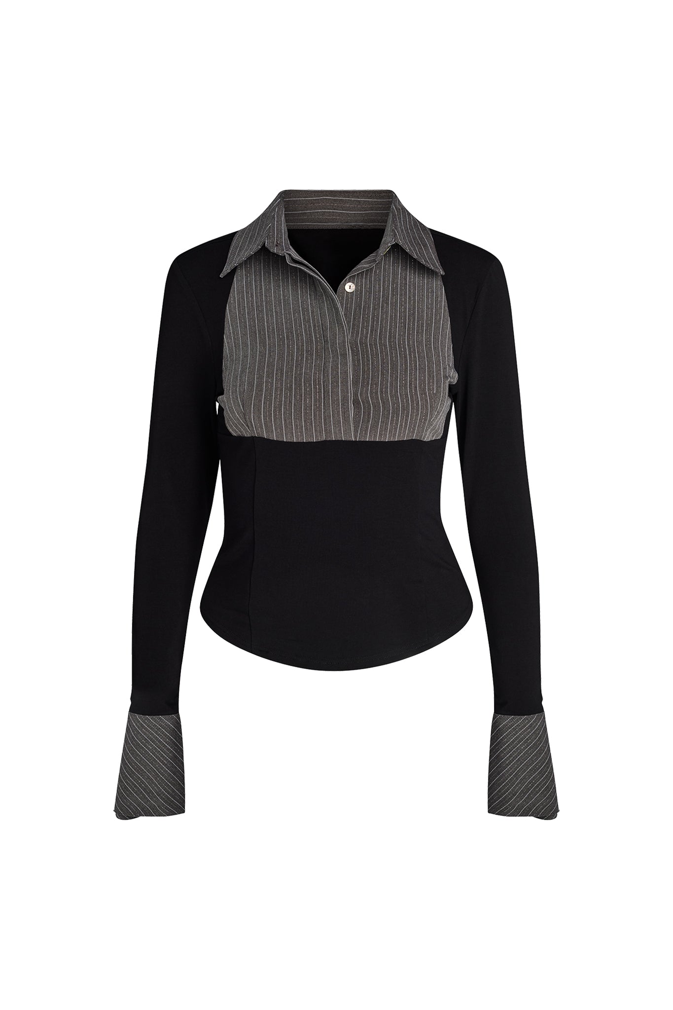 The SHARAH TOP - BLACK : GREY by I.AM.GIA is a black, long-sleeve blouse with a striped, buttoned collar and matching striped cuffs. The upper front panel showcases the same gray and white pinstripe pattern, providing a striking contrast to the solid black lower half of the blouse.