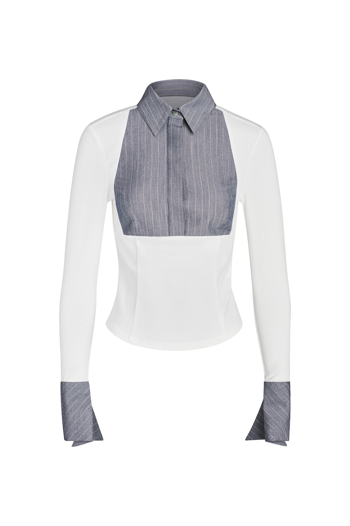 The SHARAH TOP - WHITE by I.AM.GIA features a combination of white fabric and gray pinstripe accents. The gray pinstripe decorates the upper chest area, collar, and cuffs, creating a contrasting and stylish design. This long-sleeved blouse has a fitted silhouette and a front zipper closure.