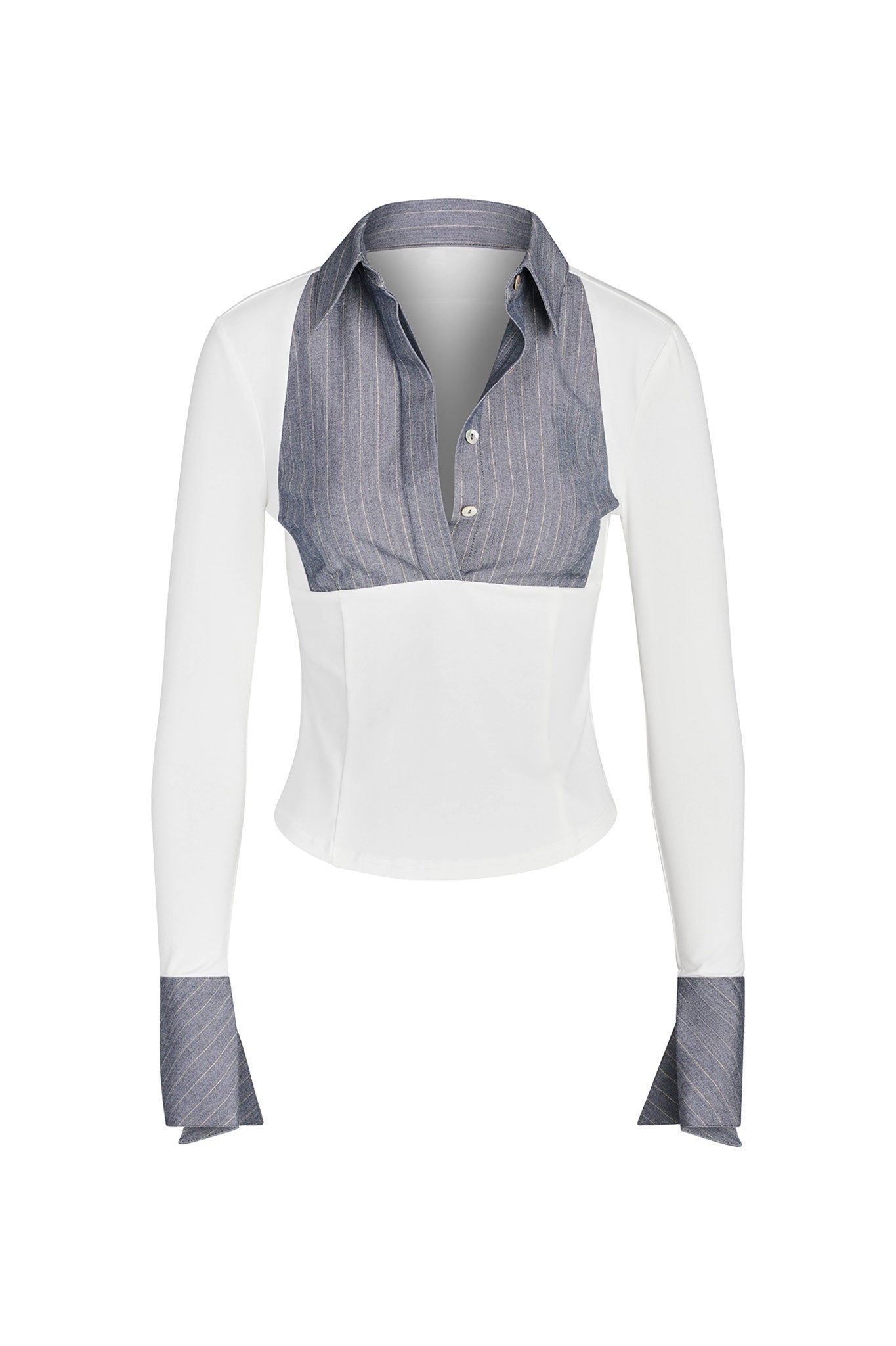 The SHARAH TOP by I.AM.GIA is a stylish long-sleeve blouse featuring white fabric on the body and arms, paired with contrasting grey pinstripe fabric on the cuffs and chest. The chest boasts a collared, button-down design with two buttons, while the hem is slightly fitted at the waist.